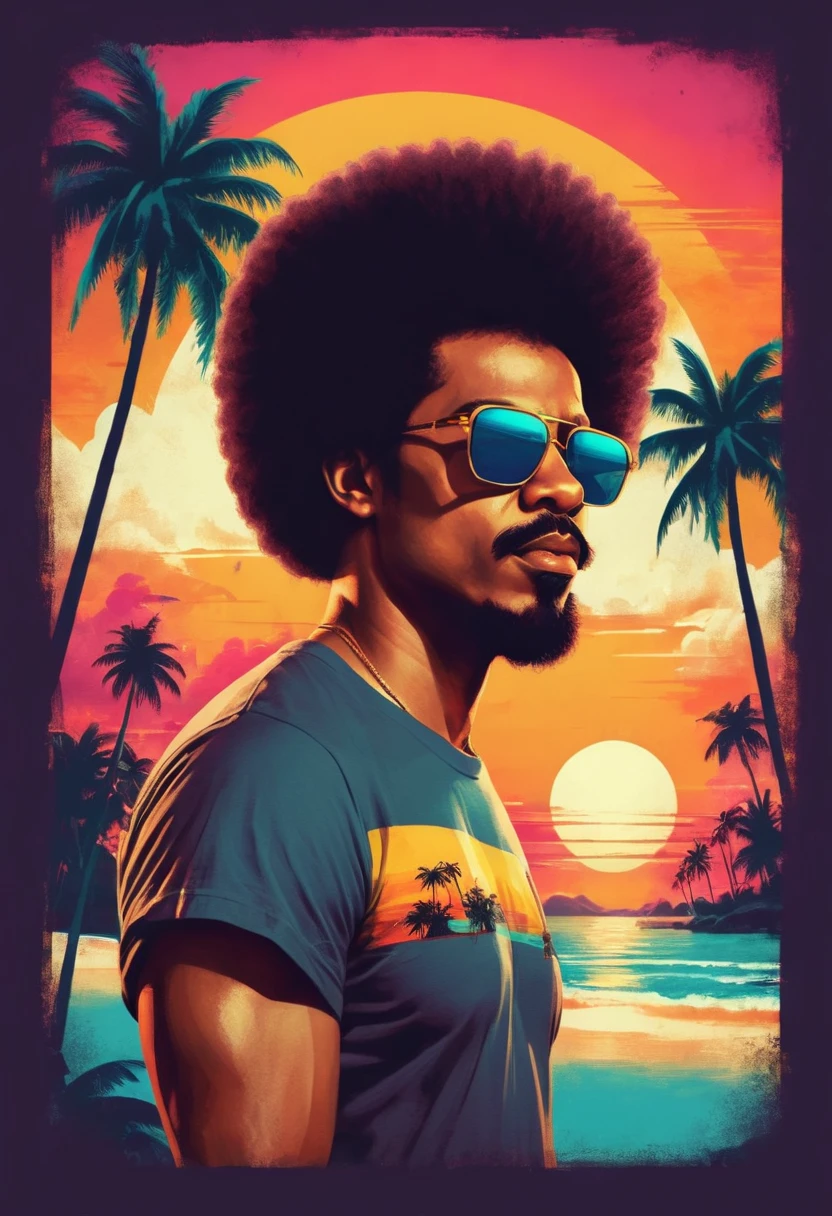 retro_ t-shirt, male face in profile, cheese lifted, afro hair,  black man,  sunglasses ,  goatee, tropical,  with a sunset in the background, Beach and coconut trees, flat,  Quadro, (square:1.1),  high definition , vivid colors, 