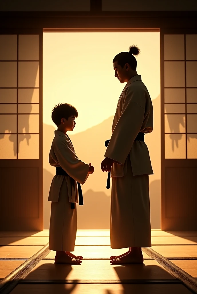 One boy, age 10 years, standing front of judo school, ask to lear judo, judo master standing front of him