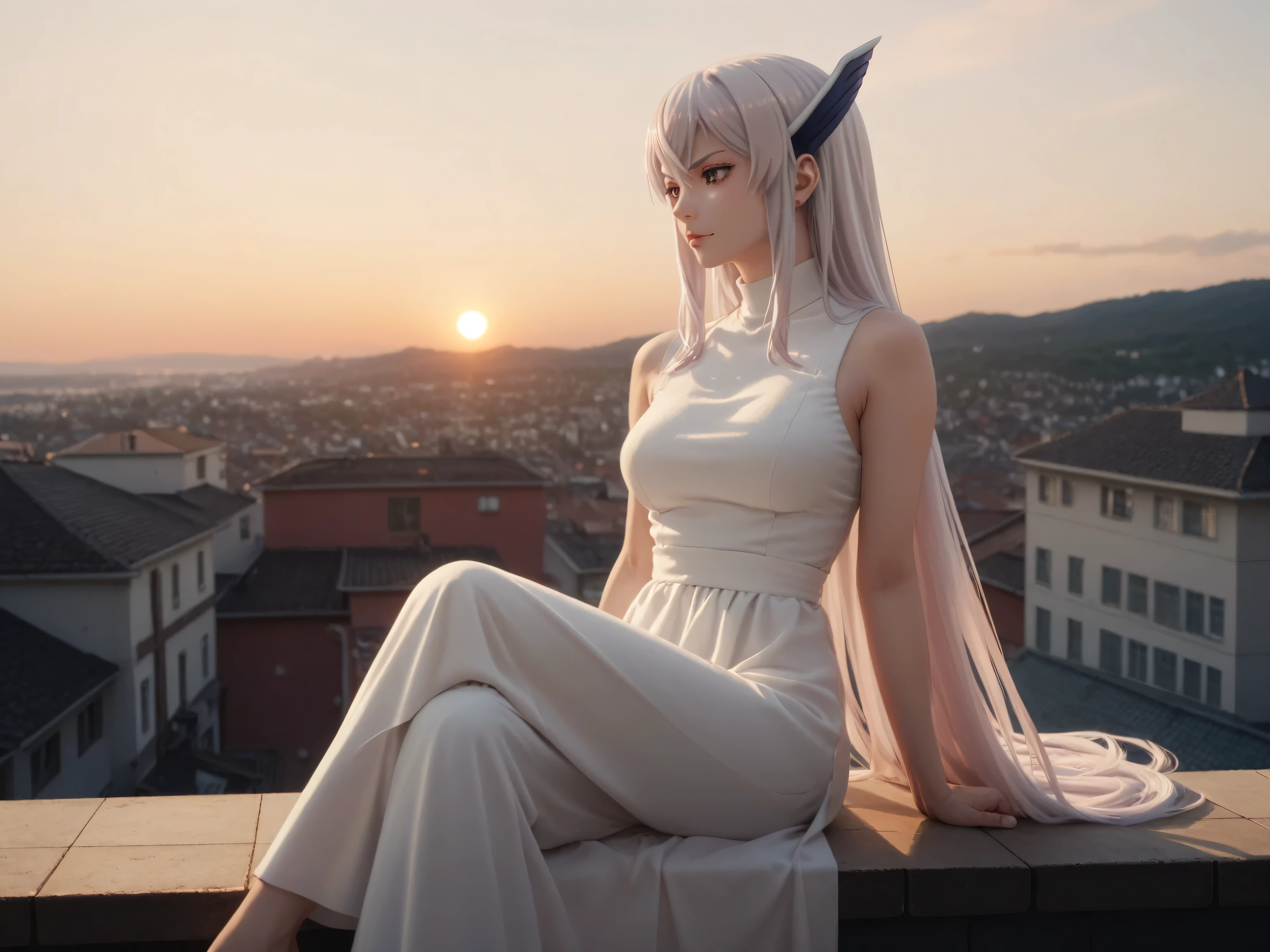 Kyouka uzen, long dress,sunset , sitting on a rooftop, wallpaper , thinking 