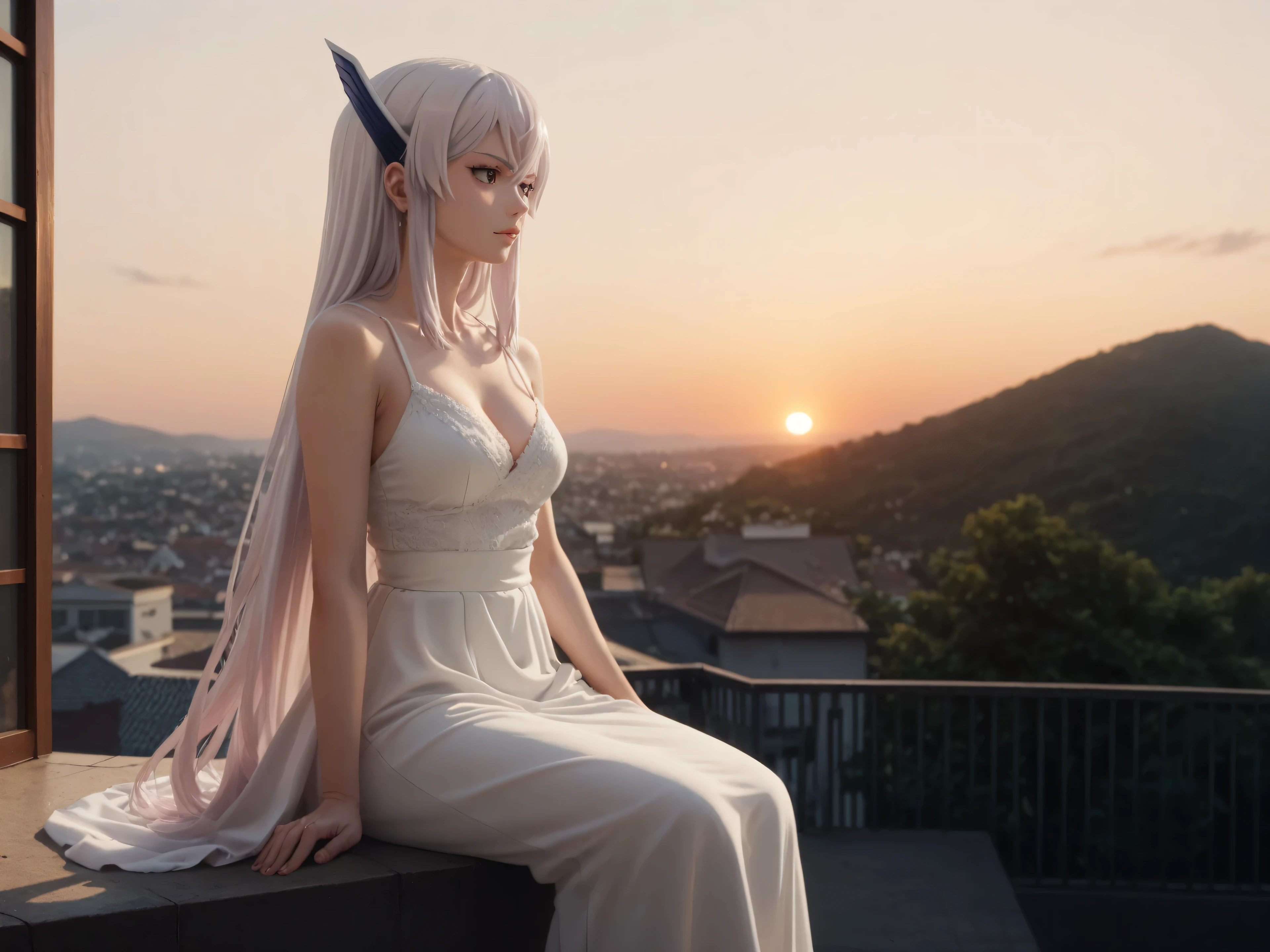 Kyouka uzen, long dress,sunset , sitting on a rooftop, wallpaper , thinking 