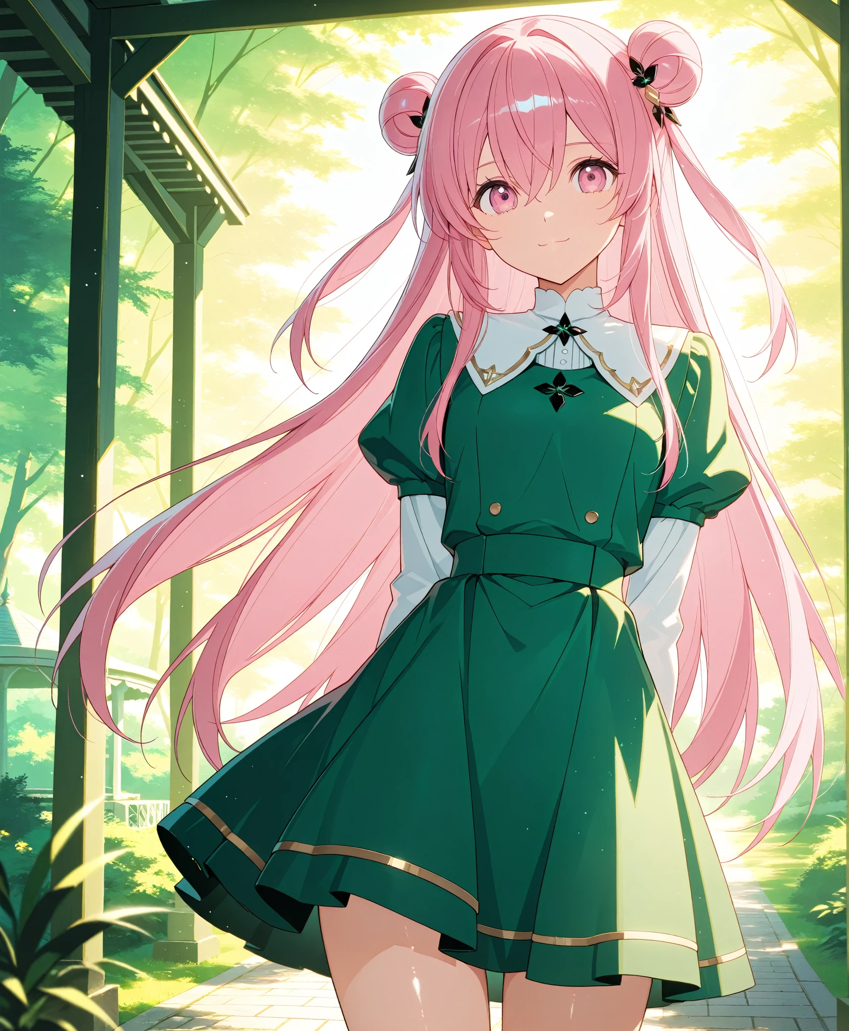 score_9, score_8_up, score_7_up, masterpiece, absurdres, source_anime,safe, 1girl, solo, adult, girl focus, adult, very detailed expressive eyes, very detailed eyes, aesthetic eyes, bright eyes, (bright pink eyes),  pink eyes, beautifully styled hair, very detailed hair, straight hair, bright pink hair, long hair, hair between eyes, (hair styled straight),  (two small hair buns), (straight hair),  loose hair,styled hair,  little smile, looking at viewer, (small breasts), shiny skin, healthy skin colour, BREAK
(green dress, hair ornament),  standing,  half body, cowboy shot, BREAK
outdoors, nature, gazebo, BREAK
HDR, 8K, masterpiece, best quality, amazing quality, very aesthetic, high resolution, ultra-detailed, absurdres, newest, scenery, 
aesthetic detailed background, best quality, game cg aesthetics,
 beautiful detailed eyes, detailed skin, detailed hair, light particles,  depth of field, natural shadows, 
(masterpiece), ultra-detailed, 1024k UHD wallpaper, ultra-high resolution, depth of field, HDR, Ray tracing, RTX, high saturation, photon mapping, best texture quality, best compotitions, (extremely detailed CG 1024k wallpaper), High Details, Detailed face, Detailed Clothes, Ultra HD Photo, Perfect Face, expressive eyes, bright colours