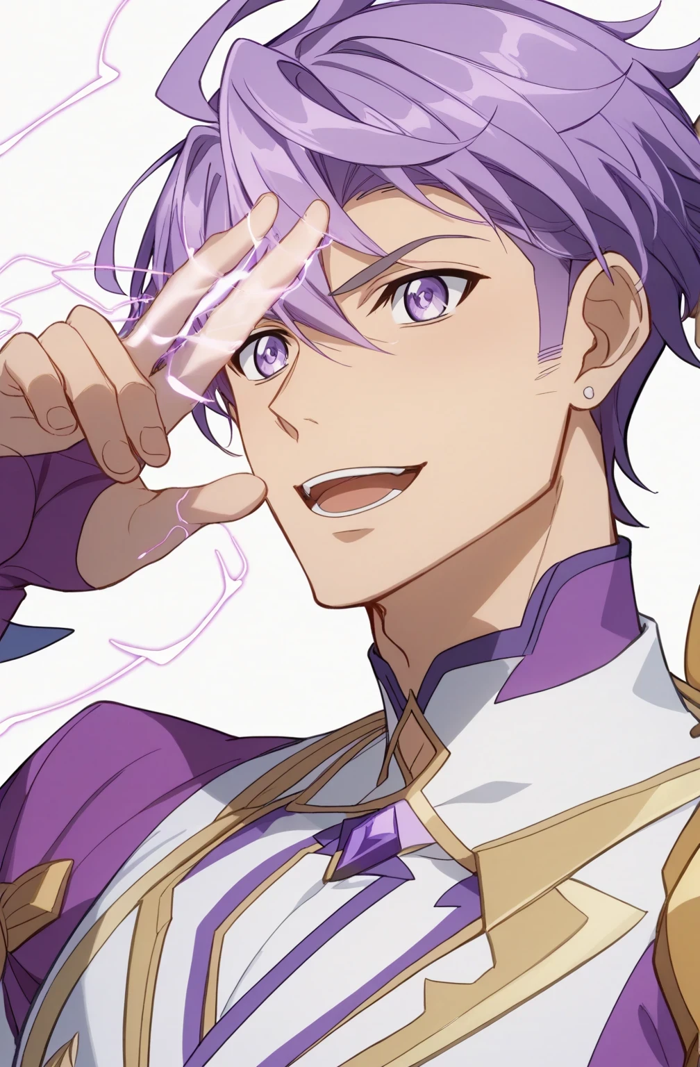 score 9 、score 8 up、score 7 up、source anime、masterpiece、 best quality 、 High Resolution 、 HD、 highly detailed face、Highly detailed eyes、1boy 、close-up of a boy cartoon character with purple hair、Alone、portrait of Magic Boy、 Boy in a White and Purple Dress 、Long Legged 、Heavenly Aura、Lightning Aura、 White and Purple Miniskirt 、 Purple Arm Warmers 、purple detached sleeves、Bare legs、Bare thighs、 purple thigh-high boots 、 Symphogear Flavor 、 Boy with Short Light Purple Hair 、 Prince of Amethysts 、 Official Character Art 、style of Magic Boy、Magic Boy、 Anime Boy 、 Official Art、 High Resolution 、perfect costume、sparkling Magic Boy、(manly:1.5)、With Sparkling Purple Eyes 、perfect body、perfect hands、perfect arms、perfect legs、(male body:1.5)、beefcake style、