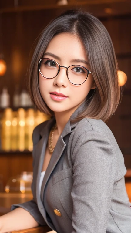 (Masterpiece,Top Quality), 1girl ,(photorealistic  :1.1),tanned skin,30 years old,double eyelid,((gray suit)),wearing a shirt,(extra short hair),necklace,Ultra Real,shining eyes,beautiful woman,bar background,eye shadow,eyeliner ,realistic eyes,look at the viewer,detailed face,(photorealistic ),(raw photo),sexy look,pink lips,Even Tone,use natural light and color、Glasses girl、