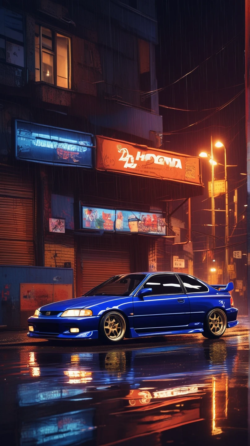 Create an image of a 1998 Honda Civic sports car ((side view)), dark (blue in color), with a creative design and modern tuning for drifting, parked against the backdrop of an urban landscape at night. The expression of speed and dynamics should be visually expressed through lighting effects and additional details such as reflections on the body and driving lines. splashes of rain streams of water, High stylization. Muted colors.


