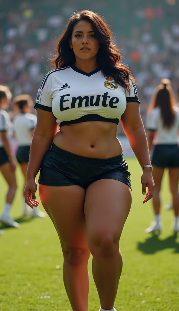60 year old mature woman, Alone, Casual hair, Looking at the audience, (Orgasm face), Gray and white blonde hair, Brown eyes, Luxury gold jewelry, Full body, ((Professional sexy female football player real Madrid, Sexy football shorts, and football shoes, colorful prints and combinations cleavage looks firm and round)), Realistic, Sexy, beautiful color, perfect skin, 3 breast sizes. (Realistic, high resolution), photo size 3:4, 1 cute sexy mature woman, expressive big brown eyes, happy, ( 8K, raw photo, Best quality, High detail, curvaceous shape, curvaceous body, full body from the tip head to toe, smile Incredible Pleasure, ((Football field)), ((cowboy shot from side)),