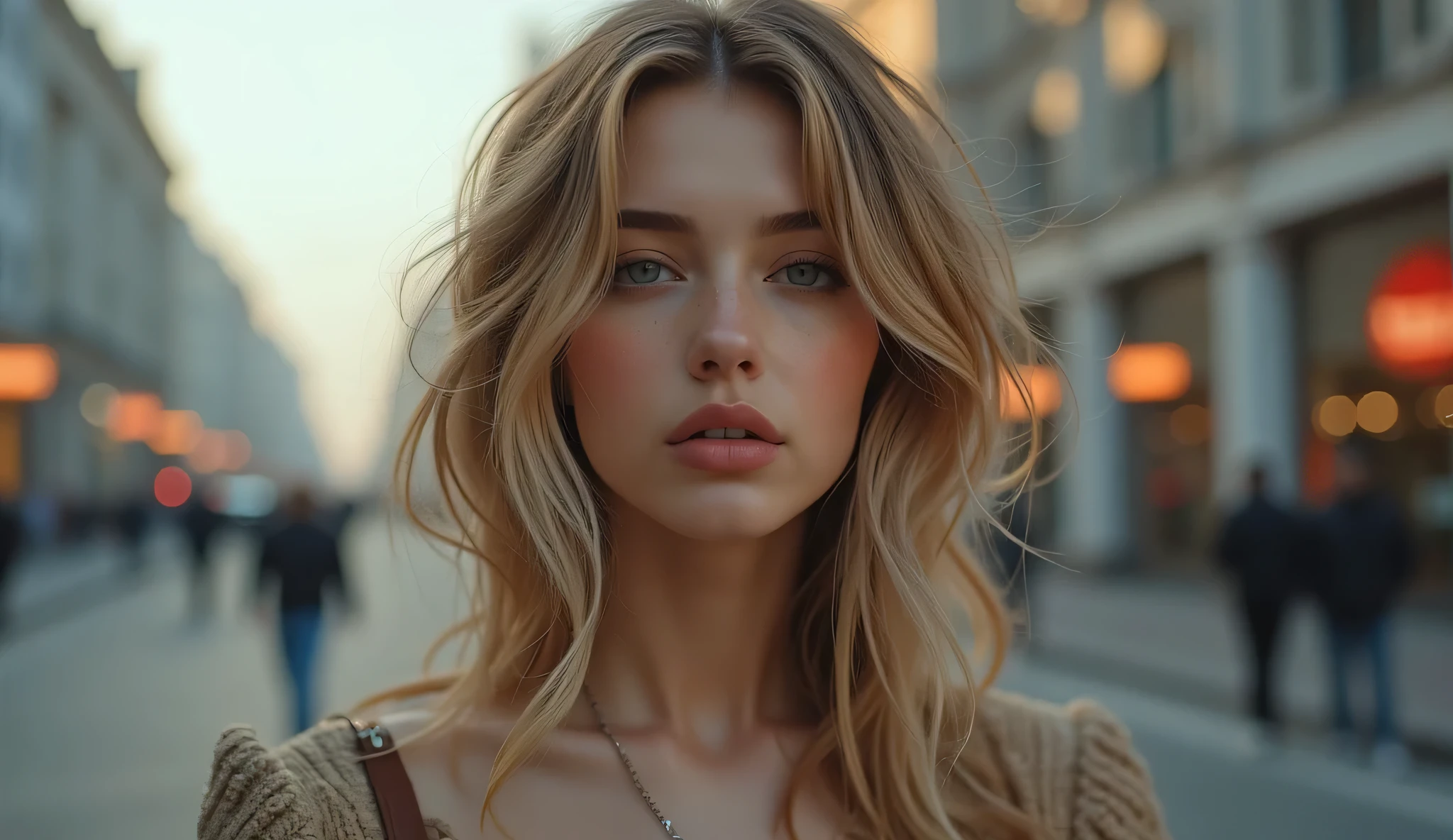 (masterpiece,  best image quality , 8k),  real photo , perfection of fashion, full body, frontal, faint smile,Outdoor, Exquisitely Painted , Realistic,  ultra high definition , ultra high definition ,  smooth skin ,  highly detailed , High quality,  high quality,  high resolution, out of focus background,female,City streets at dawn , 18 year old mixed race Ukrainian beauty, Blonde Hair ,It's foggy