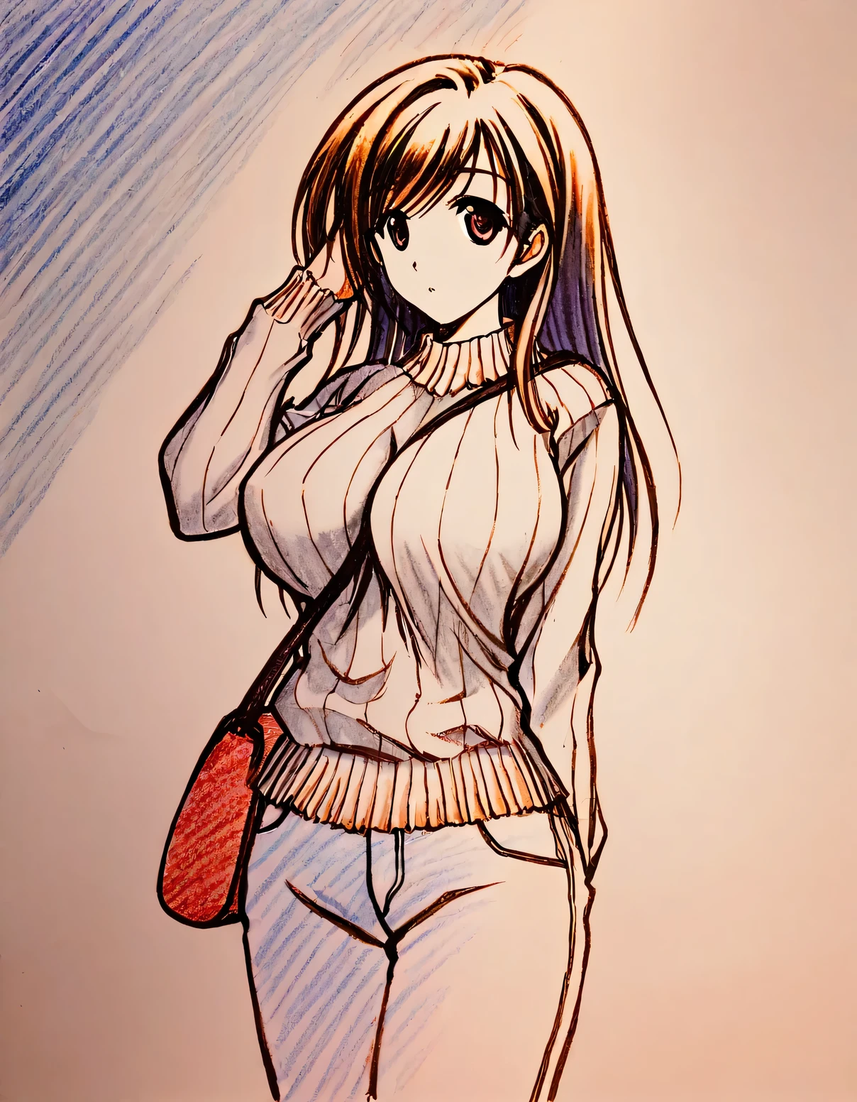 1girl, huge breasts, sweater, pants, shoulder bag, strap between breasts, swept bangs, adjusting hair, (colored pencil drawing, art by akamatsu ken, traditional media,)