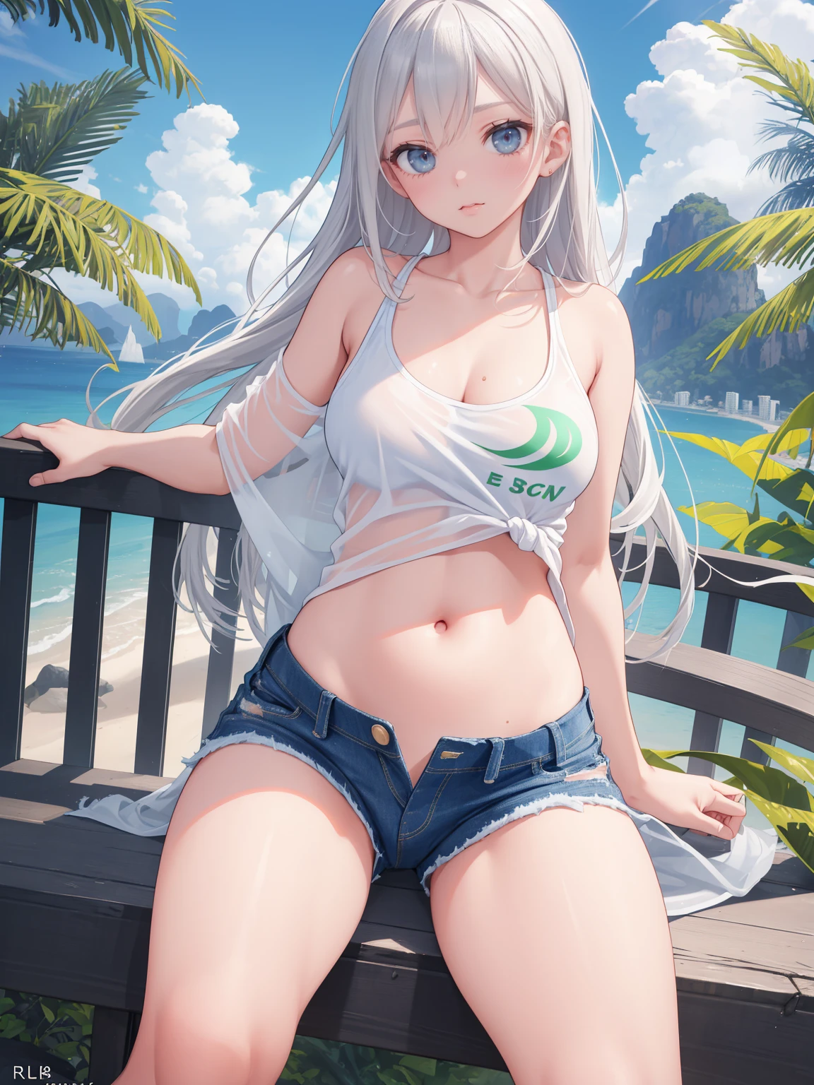 actual, High resolution, 1 girl, white curly hair, Korean, heterochromatic eyes, There is a small mole under the eye, loose white shirt, skinny denim shorts, Big breasts, thigh, Visible masterpiece, realism