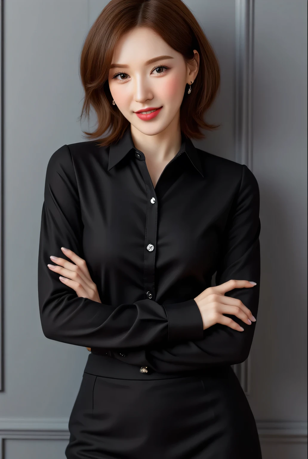  of a 25 year old woman, sitting facing forward,  use black formal shirts, black formal skirt bottoms ,  dark red lips ,  very detailed image quality , smiling beautiful 