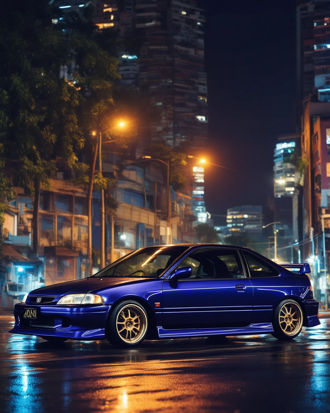 Create an image of a 1998 Honda Civic sports car ((side view)), dark (blue in color), with a creative design and modern tuning for drifting, parked against the backdrop of an urban landscape at night. The expression of speed and dynamics should be visually expressed through lighting effects and additional details such as reflections on the body and driving lines. splashes of rain streams of water, High stylization. Muted colors.


