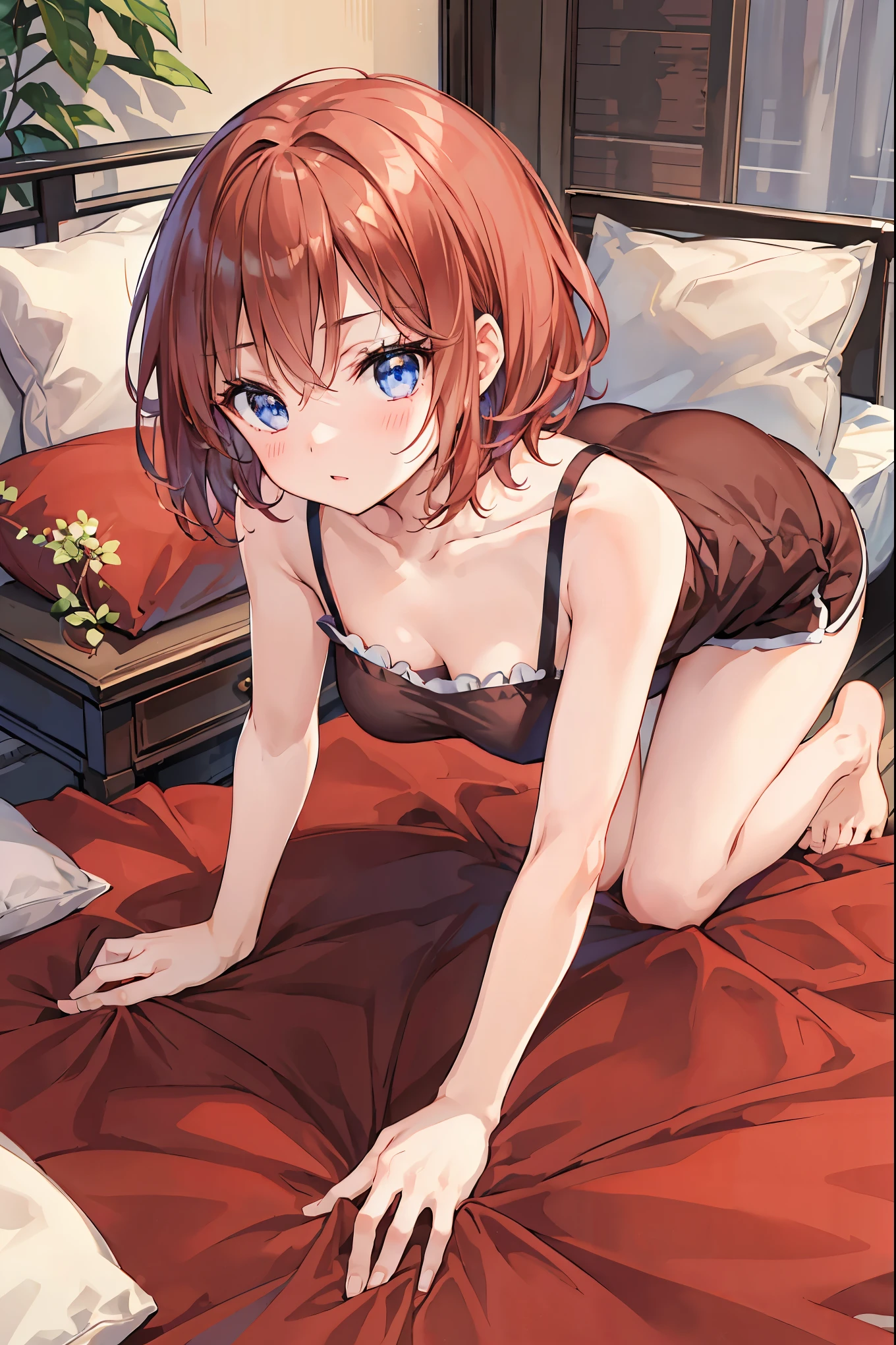 Gentle expression、Short hair. Pale brown hair and brown eyes.in one's underwear only、White bra、White panties. Put your hands on your chest.. High image quality. Photo Quality. High Definition. of the highest quality.、Quiet face、Balance Diagram、a 14 year old girl、Reddened cheeks、a bed、Bedroom、lying back on、Open your crotch、Focus on the lower back、Show off thin breasts、