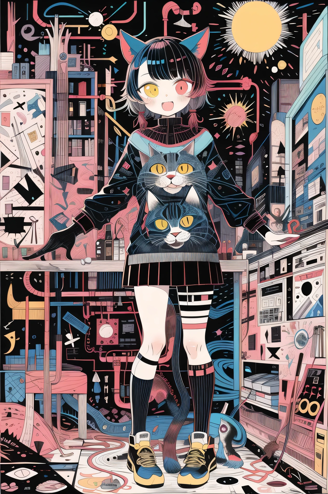 girl holding a cat、ULTRA MASTERPIECE , best quality , SURREALISM,Abstract,DOODLE ART, Precise depiction 、chaos、