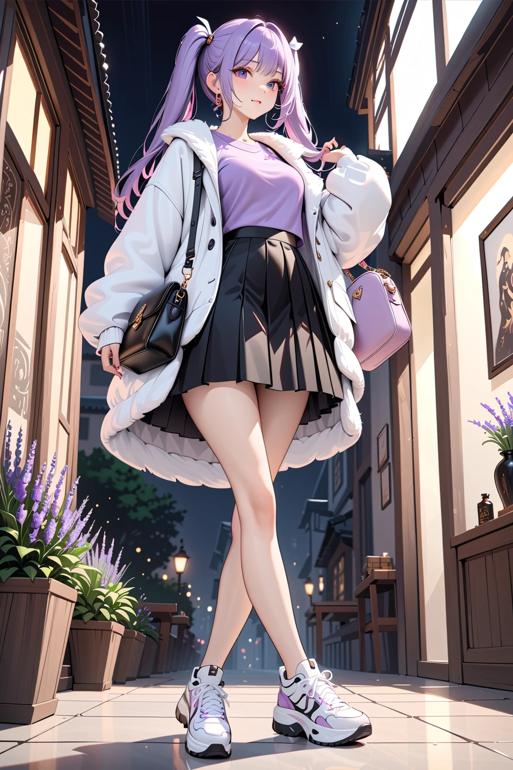 Generate a detailed, high-quality, 8k image of Hinata Hyuga from Naruto Shippuden, showcasing her full appearance and a modern, fashionable outfit suitable for contemporary settings.

Start by emphasizing Hinata's soft lavender hair, styled in loose waves that frame her face delicately. Her eyes should be a captivating shade of pale lavender, expressing her gentle yet determined spirit with intricate detail. Hinata's complexion should be fair, with a subtle flush of pink on her cheeks adding to her overall charm.

For her modern outfit, envision a trendy yet chic ensemble that reflects Hinata's personal style. Opt for a fitted denim jacket with distressed detailing, layered over a soft pastel-colored camisole. Pair this with high-waisted skinny jeans in a light wash, accentuating her slender figure and elongating her legs.

Accessorize the outfit with a delicate pendant necklace and a stack of minimalist bracelets for a touch of sophistication. Choose footwear that balances style and comfort, such as white sneakers or ankle boots with a subtle heel.

To complete the look, style Hinata's hair in a loose braid or a half-up, half-down hairstyle, adding a modern twist with a hair scarf or scrunchie. Keep her makeup natural and fresh, with rosy cheeks, glossy lips, and a subtle smoky eye to enhance her lavender gaze.

Capture Hinata in a confident yet relaxed pose, exuding warmth and elegance in her modern attire. Pay meticulous attention to detail in rendering her outfit and features, ensuring a highly realistic portrayal. Deliver a final image of the highest quality, showcasing Hinata Hyuga in her contemporary, fashion-forward ensemble.