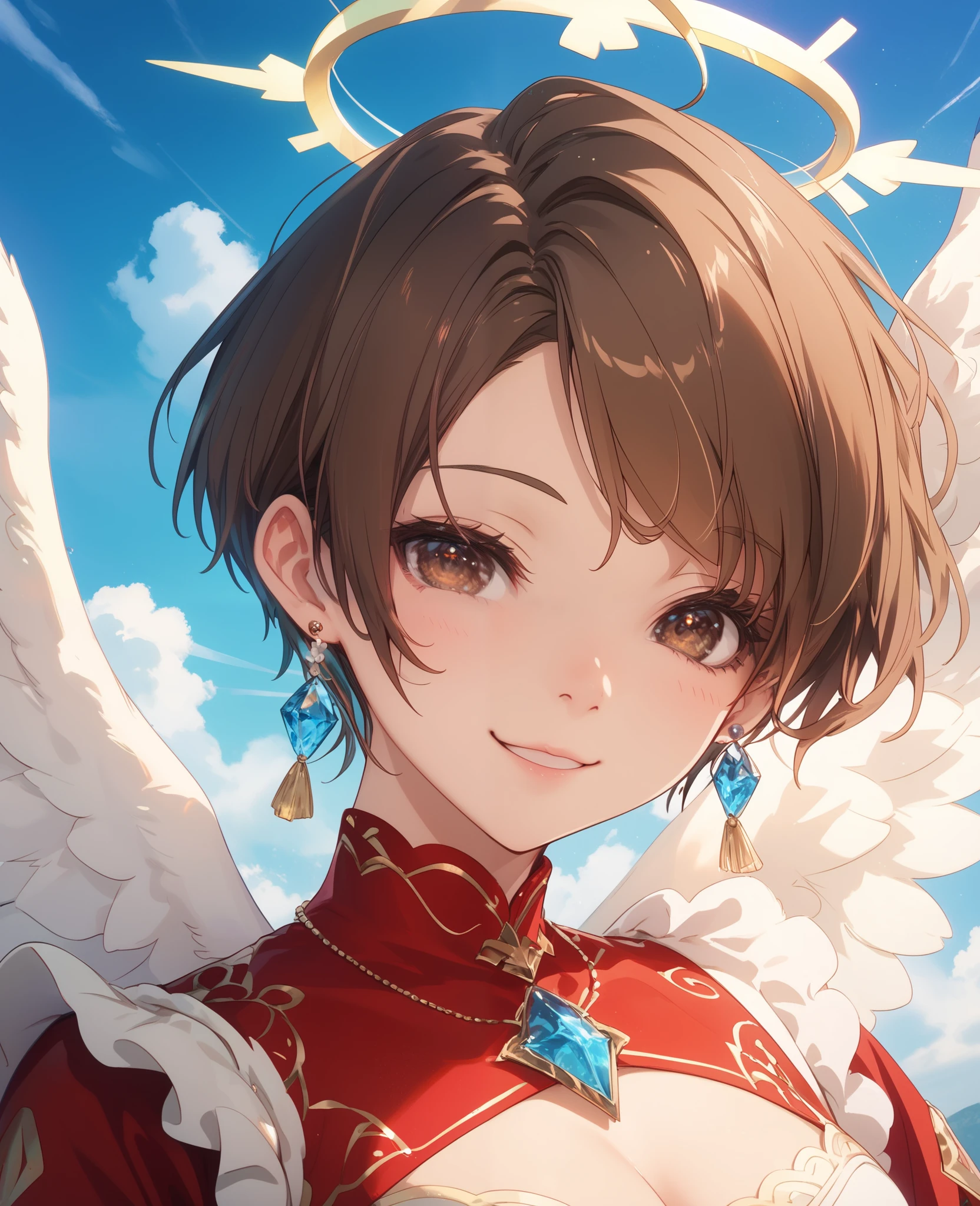 A lot of balloons are floating in the sky。Beautiful face with a bright, gentle and gentle smile ,Showing the whole body、 (( Big Breasted :1.2))) 、The costume is a bright red top, casual jewelry such as white round pearl earrings、Delicate decoration、The hairstyle is bright brown eyes 、 very short brown pixie cut 、 The reflection of light is expressed naturally 、 4K resolution, 最 High Quality , In Front Of The Public , Masterpiece, Crystal Brown Eyes , Broken angel Halo, angel'4 wings、 High Quality ,