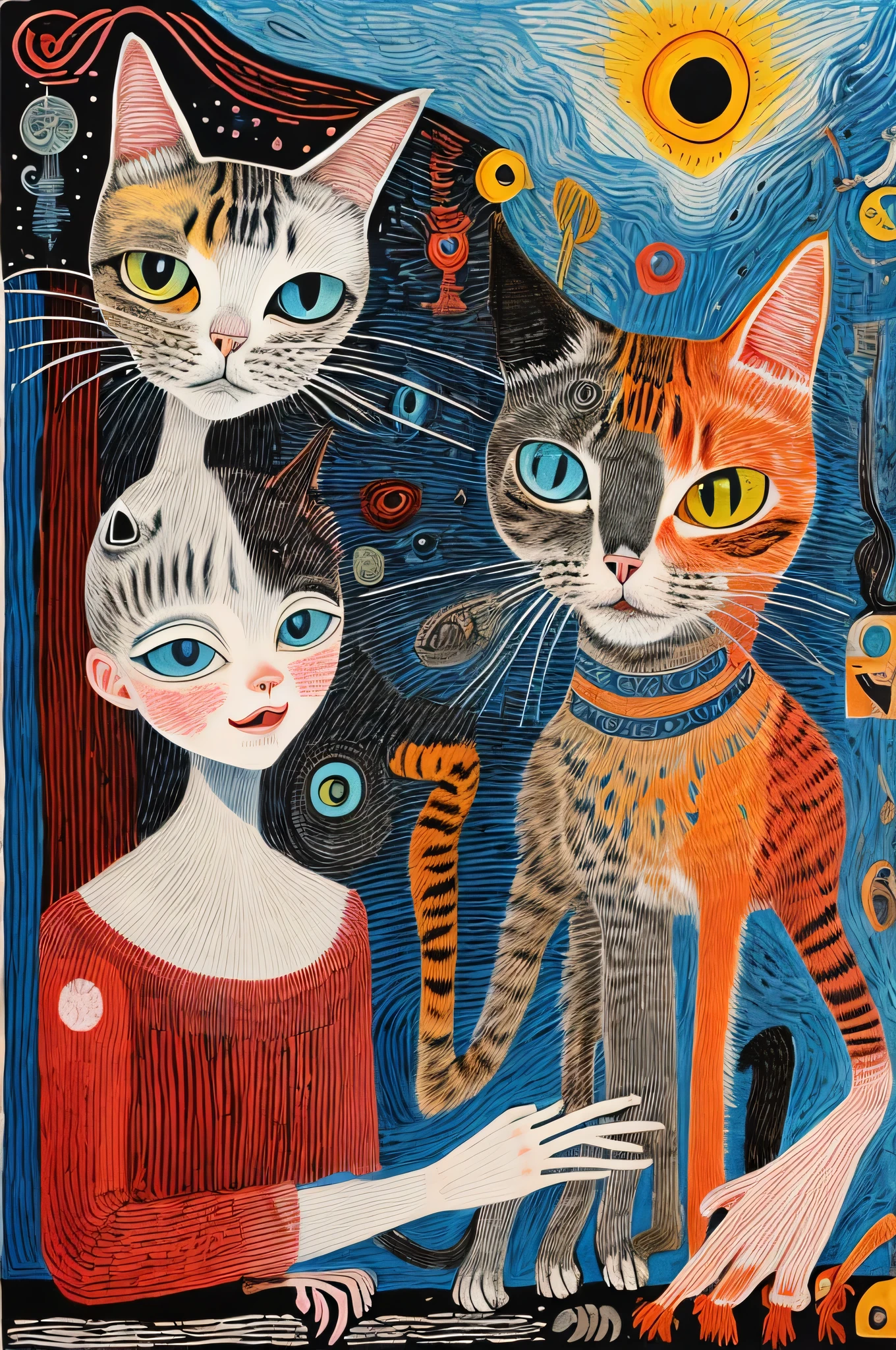 girl holding a cat、 beautiful eyes、Rubbing her cheeks at a cat 、ULTRA MASTERPIECE , best quality , SURREALISM,Abstract,DOODLE ART, Precise depiction 、