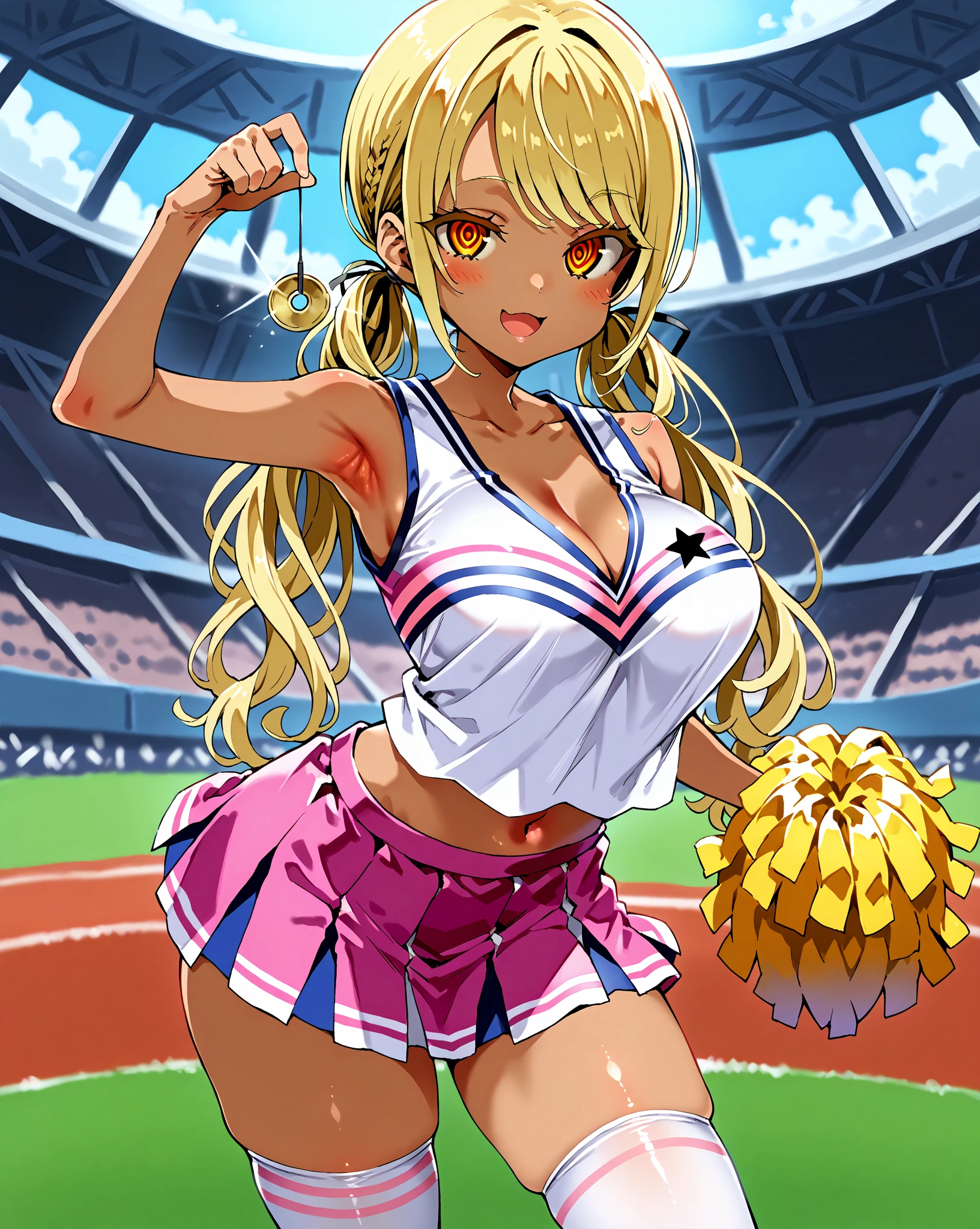 score_9, score_8_up, score_7_up, 1girl,solo, seduce, seductive, 
breasts, medium breasts, maximum 5 fingers, top quality , great quality,
on the stadium, audience behind the scene, blurry background, she is holding a pendulum in one hand (hypnotist holding a pendulum), ((holding pendulum)), holding string, one hand up, open mouth, smile, ((cheerleader costume)), (((blank shirt))), cheerleading, sleeveless, crop top, armpit, standing, contrapposto, ((holding pom pom with one hand)), masterpiece, high quality, absurd resolution, beautiful hands, bare hands, thighhighs,pink-and-white stripes legwear, miniskirt, cleavage, blush, looking at viewer, ringed eyes, art style of asanagi, ite, smarl, 
orange eyes, dark skin, blonde hair, long hair, swept bangs, low twintails