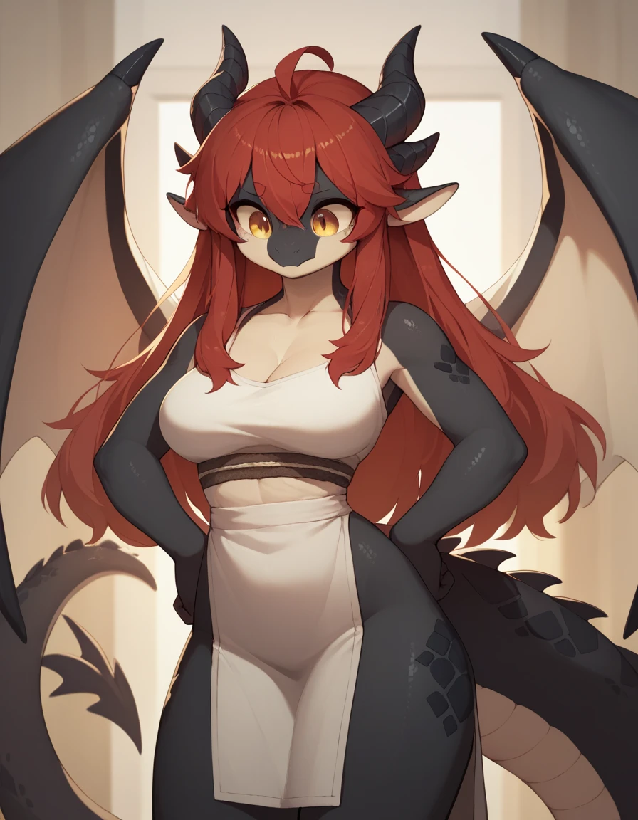 Busty female red dragon head, Huge red dragon wings, golden dragon horn,Covered with shiny red scales and a long tail. Wearing a simple and stylish mini bikini maid outfit. . ,Posture straight,Full body portrait,Expression smile,Large Breasts