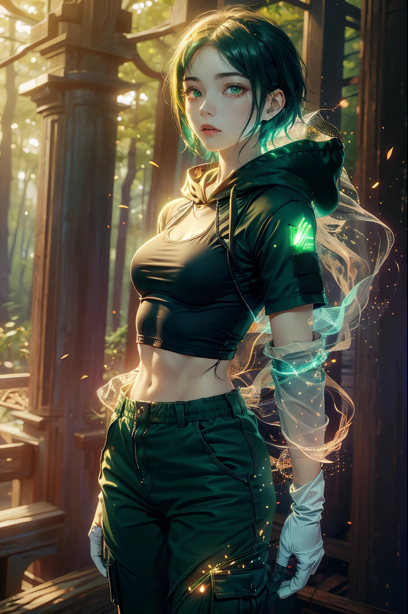 One girl, young girl, curvy, wide hips, pale face, green eyes, (glowing eyes), white tank top, muscular, abs, biceps, triceps,cargo pants, ((small breasts)), hooded cloak, ((tactical gloves)), glow particles, forest, ((short hairs)), (glowing eyes)
