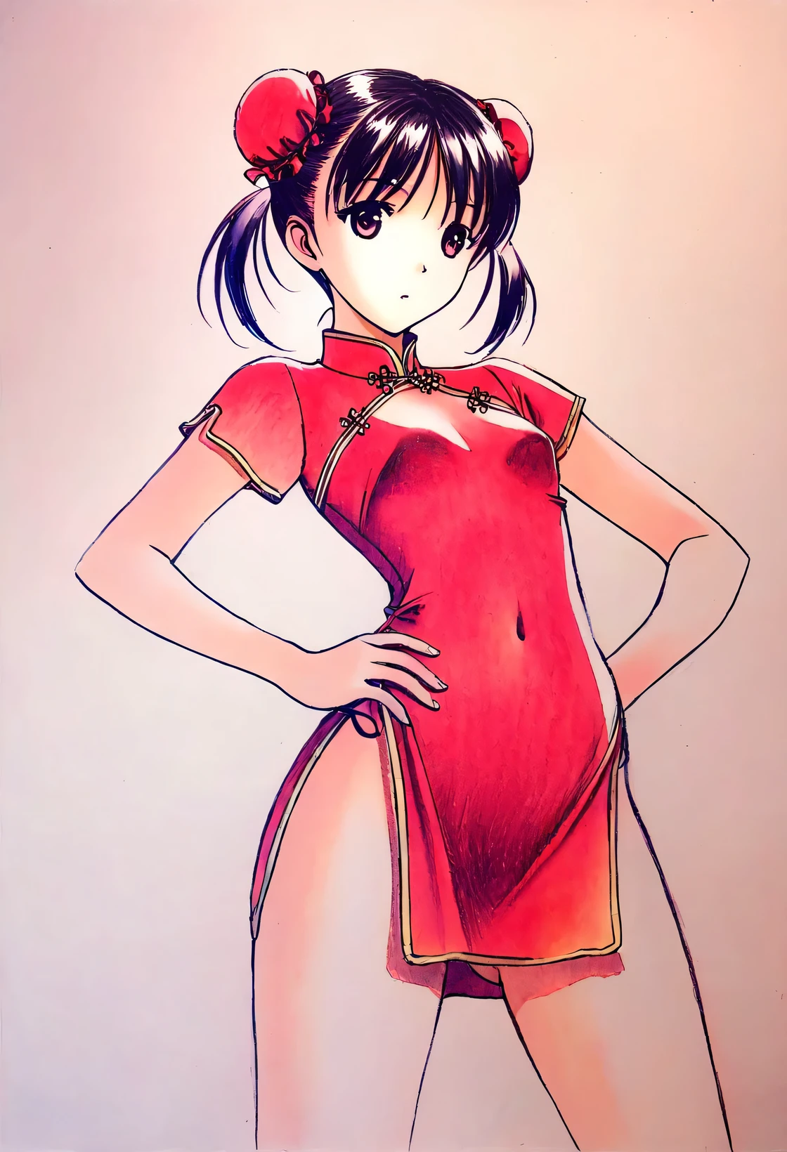 1girl, small breasts, short twintails, red china dress, hands on own hips, black hair, hair bun cover, wide hip, ass visible through thighs, (colored pencil drawing, art by akamatsu ken, traditional media,)