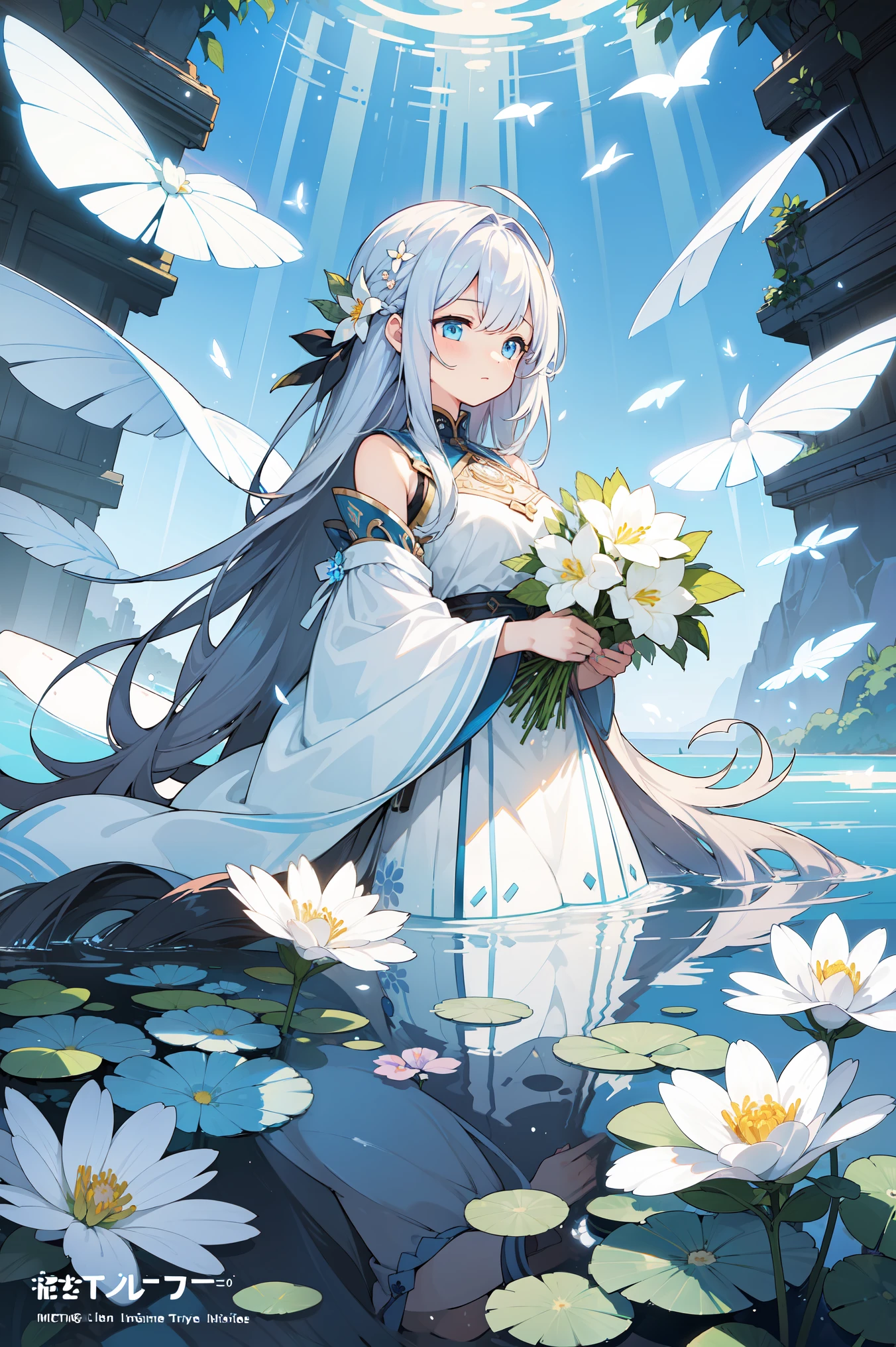 (Fine Best Quality Illustration:1.2), girl、long hair、goddess、mechanical、flower、water、 perfect light 