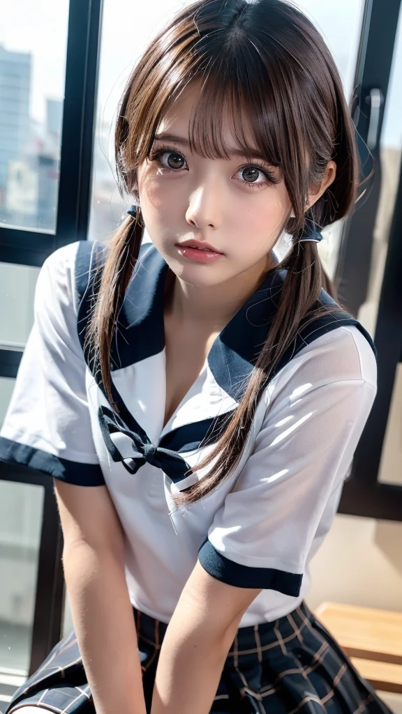 (best quality, masterpiece:1.2), ultra detailed, (photo realistic:1.4), High resolution 16k,Use natural light and color,solo, 1girl, (12-year-old),cute girl, shiny skin,sexy,sailor uniform,vulgarity, sexual ecstasy, open mouth, (saliva), (blush), ((Sweat)),