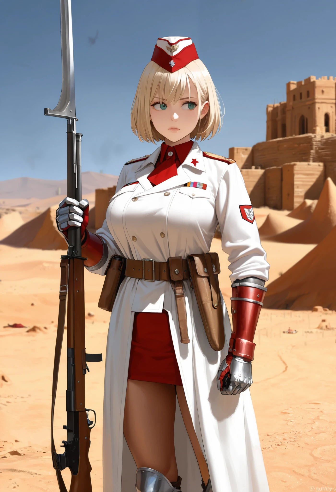 sfw, masterpiece, Best Quality, High resolution, detail hands, detail fingers, detail face, detail leg, (1girl, detail girl, 20 years old girl), (blonde hair, short hair, green eyes, :1.1), (red Garrison cap, white long coat, white military shirts, red mini skirt, long gauntlets, long sabaton, gunbelts, gun and blade), (fantasy, soldier), (fantasy, desert, fort, sunny), (standing still, looking away), (whole body),