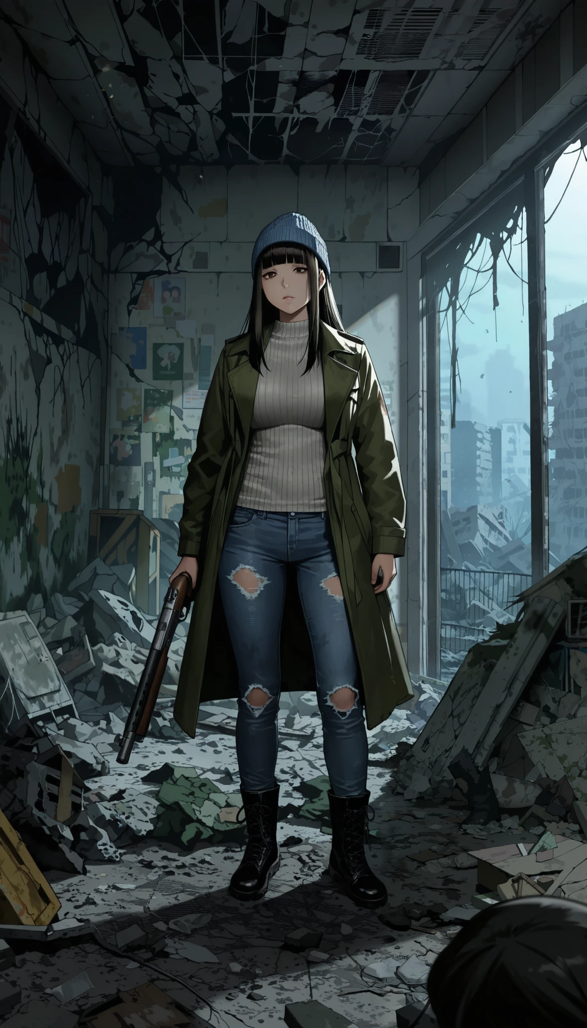 sfw, masterpiece, Best Quality, High resolution, detail hands, detail fingers, detail face, detail leg, (1girl, detail girl, 20 years old girl), (blck hair, long hair, blunt bangs, brown eyes, half-open eyes, large breast), (frayed, green trench coat, blue knit hat, denim jeans, black boots, dirty), (with shotgun), (morden, ruined city, destroyed room, Post apocalypse, night:1.4),