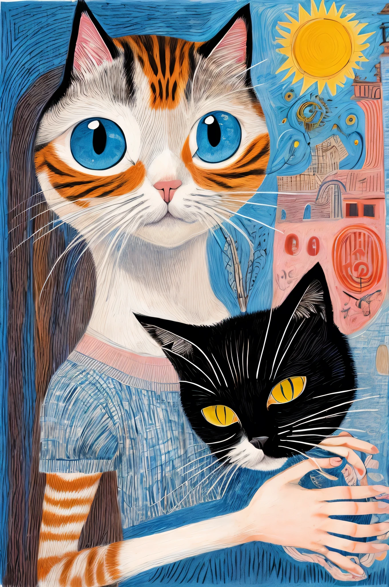 girl holding a cat、 beautiful eyes、Rubbing her cheeks at a cat 、ULTRA MASTERPIECE , best quality , SURREALISM,Abstract,DOODLE ART, Precise depiction 、