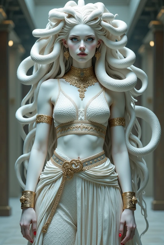 Medusa Greek mythology, (Ancient Greek dress:1.3), (gold and silver accessories, wide collar, bracelets, armlets, bangles, earrings, wide waist belt), The hair of many snakes, image of a white snake all over, white skin covered with shiny scales, sky blue eyes, slightly open moist lips, small fangs, showing red tongue, thin waist, wide hips, curvy perfect body, (Stand with hands on hips and legs open, full body shot), view from below, white snake image, 