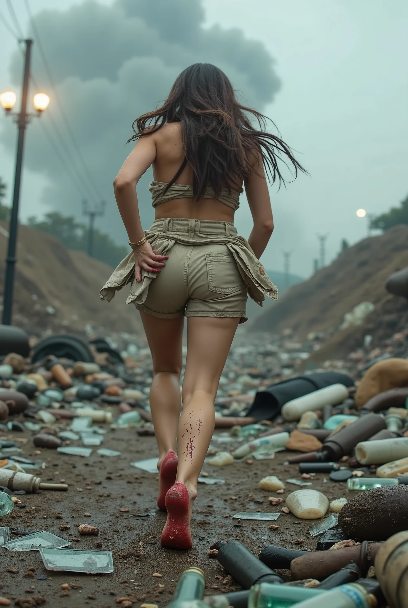 Ultra realistic photo, shot from behind, in diffused lightning, all in focus. A beautiful 28-year old caucasian woman with long hair, runs dressed with few rags and bleeding bare feet. This girl has a fit body, with 5 fingers in each hand and 5 small delicate toes in each feet, two legs and two arms. She is running in a plain landfill, full of broken glasses in sharp shreds, mostly transparent bottles splinters. She is trampling a flood of sharp splinters of broken glass, cutting her soles. She is running away from someone, she has several traces of mud, blood and soot. The day is overcast but luminous. The landscape is disturbing, taken from a distopic future, clouds of dark smog are visible in the far background.