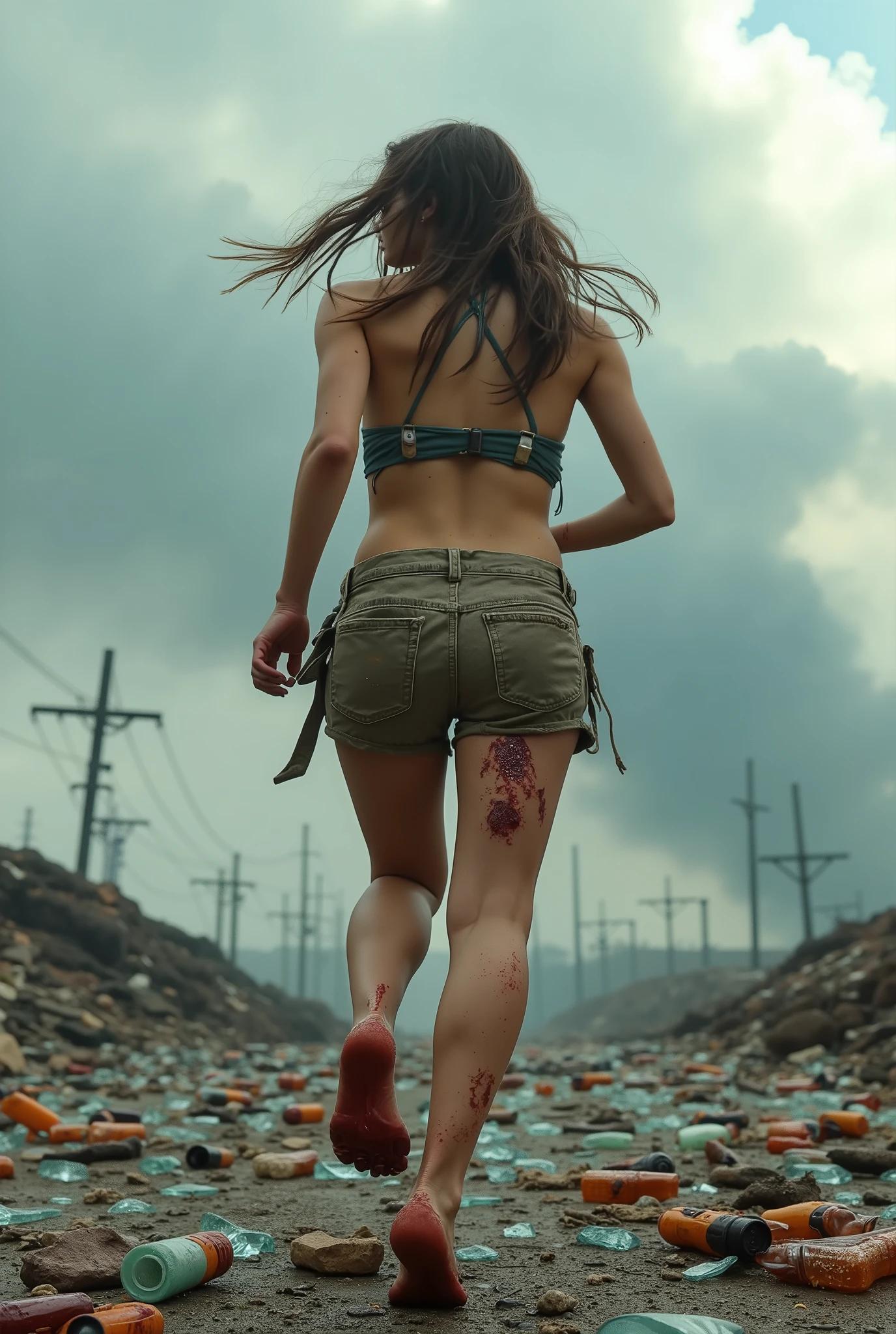 Ultra realistic photo, shot from behind, in diffused lightning, all in focus. A beautiful 28-year old caucasian woman with long hair, runs dressed with few rags and bleeding bare feet. This girl has a fit body, with 5 fingers in each hand and 5 small delicate toes in each feet, two legs and two arms. She is running in a plain landfill, full of broken glasses in sharp shreds, mostly transparent bottles splinters. She is trampling a flood of sharp splinters of broken glass, cutting her soles. She is running away from someone, she has several traces of mud, blood and soot. The day is overcast but luminous. The landscape is disturbing, taken from a distopic future, clouds of dark smog are visible in the far background.