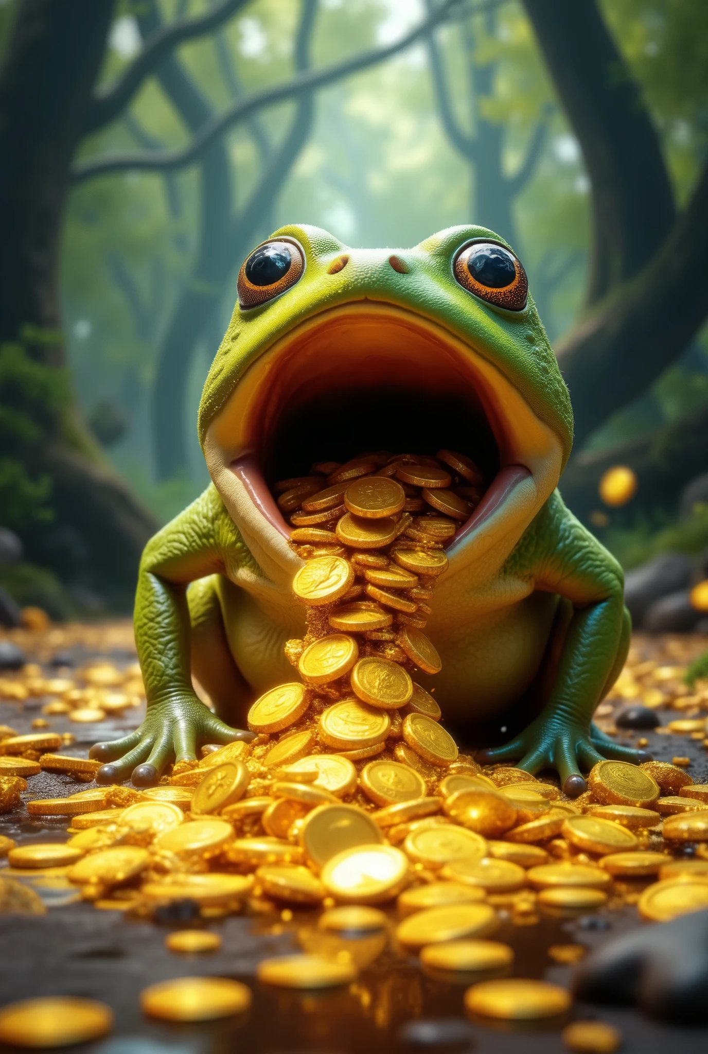 Gold coins are coming out of the frog's mouth