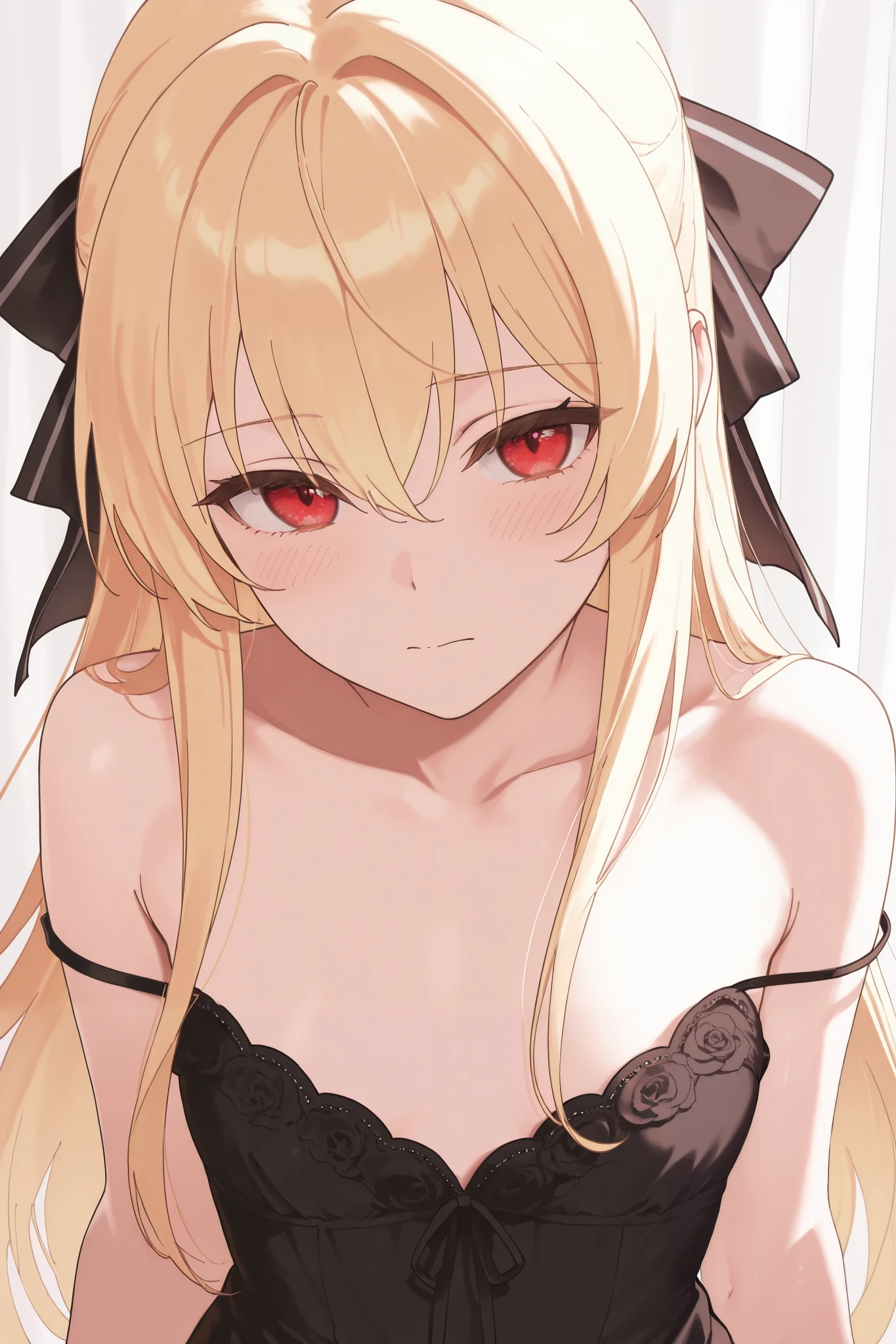 ((highest quality)), ((masterpiece)), (Become familiar with), Perfect Face,Light golden hair,Medium Long Hair,Down Bangs,Eyes without highlights,Desaturated crimson eyes,Drooping eyes,A sloppy, relaxed look,Black choker,tall,slender,Big Breasts,naked,Black pumps,slender,19 years old,Leaning forward,Bedroom,