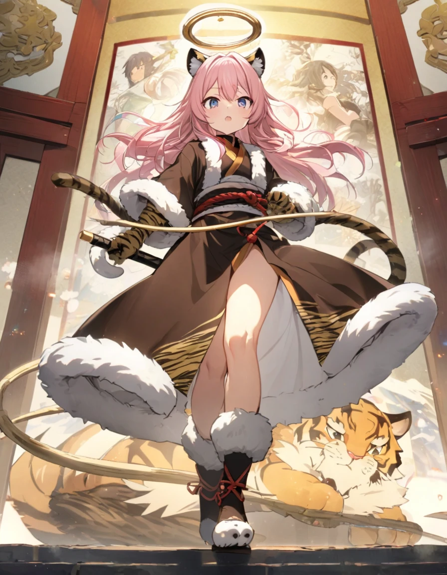 Tiger on a folding screen and Ikkyu boy, one boy, tiger tied to a rope, lasso, folding screen, tiger ears and tail, tiger fur claw gloves and fur boots, monk skirt costume, tiger staff (weapon), (full body),
cute anime cat angel boy with (long hair) and pink hair and cat ears and cat tail and angel wing and angel halo, 
masterpiece,best quality,ultra detailed, very aesthetic, 