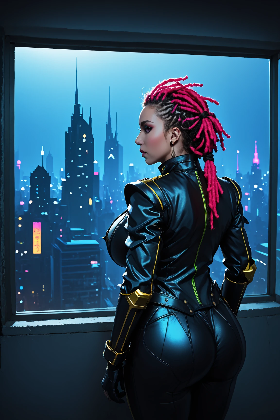 Neon Punk Style, the view from the panoramic window from the back of the room on the   knight  colorful city, dreadlocks woman silhouette, (  knight ,  darkness),Emotional,  vibe,  lively,  amazingly beautiful , Vivid,   Details, Sophisticated, Modern,  high contrast ,  cinematic , ultra   Details,  complicated,  professional , dark,  high contrast , Low light,  lively, highly   Details,Big Breasts,wide hip,