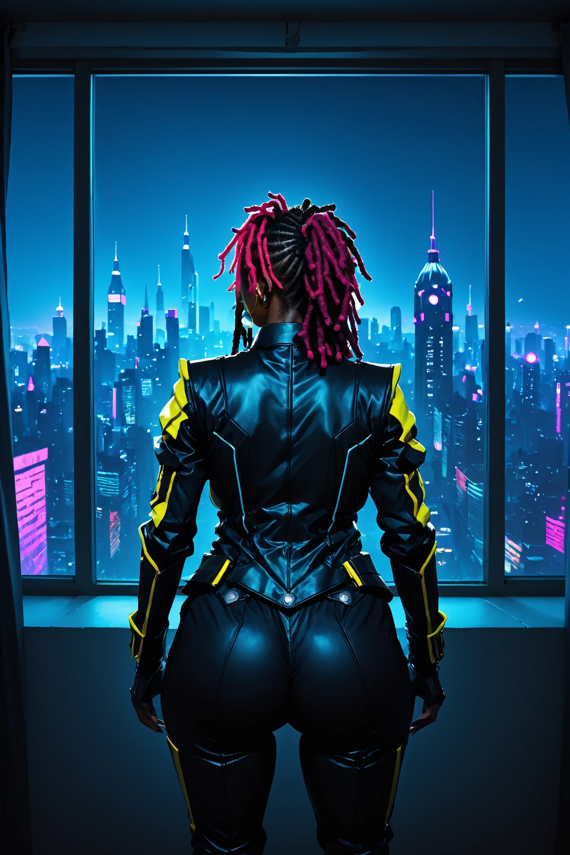 Neon Punk Style, the view from the panoramic window from the back of the room on the   knight  colorful city, dreadlocks woman silhouette, (  knight ,  darkness),Emotional,  vibe,  lively,  amazingly beautiful , Vivid,   Details, Sophisticated, Modern,  high contrast ,  cinematic , ultra   Details,  complicated,  professional , dark,  high contrast , Low light,  lively, highly   Details,Big Breasts,wide hip,