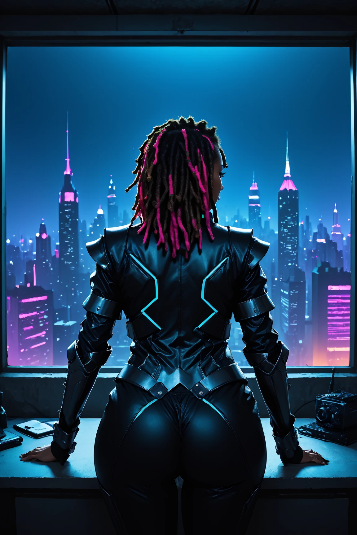 Neon Punk Style, the view from the panoramic window from the back of the room on the   knight  colorful city, dreadlocks woman silhouette, (  knight ,  darkness),Emotional,  vibe,  lively,  amazingly beautiful , Vivid,   Details, Sophisticated, Modern,  high contrast ,  cinematic , ultra   Details,  complicated,  professional , dark,  high contrast , Low light,  lively, highly   Details,Big Breasts,wide hip,