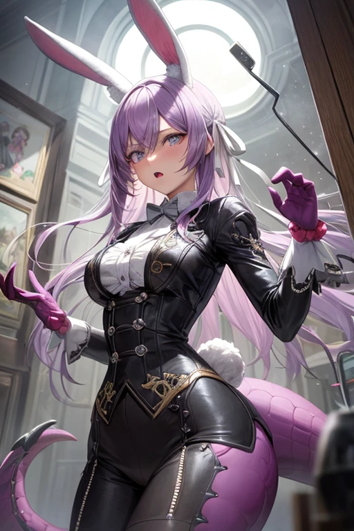 ((best quality)), ((masterpiece)), (detailed), lilac plush rabbit, dinosaur tail, closing mouth, left button eye, left X eye, white ribbon, metal wires