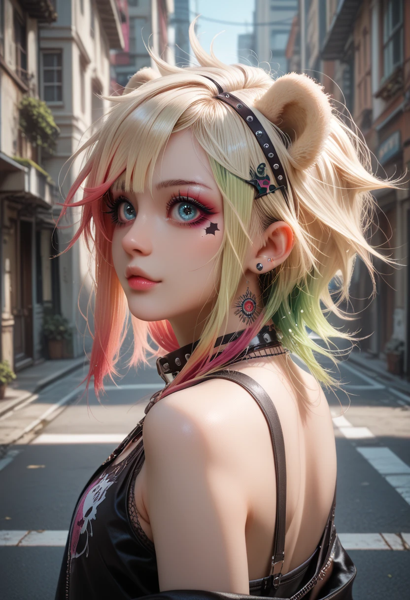 (Punk Girl:1.4),    mallet hairstyle   ,    Beautiful Symmetrical Eyes   , (   colorful gradient hair :1.5), (   intricate details:1.2), (   very detailed face and eyes:1.2),     do not wear makeup in coal mines , (Bear:1.1), Midnight Aura, Urban, , Side View,     full body photo , (Delicate images), (   RAW photos : 1.2), (   realistic : 1.6), (   very detailed), (     high definition    ), (    Top Quality  ), (  masterpiece )
