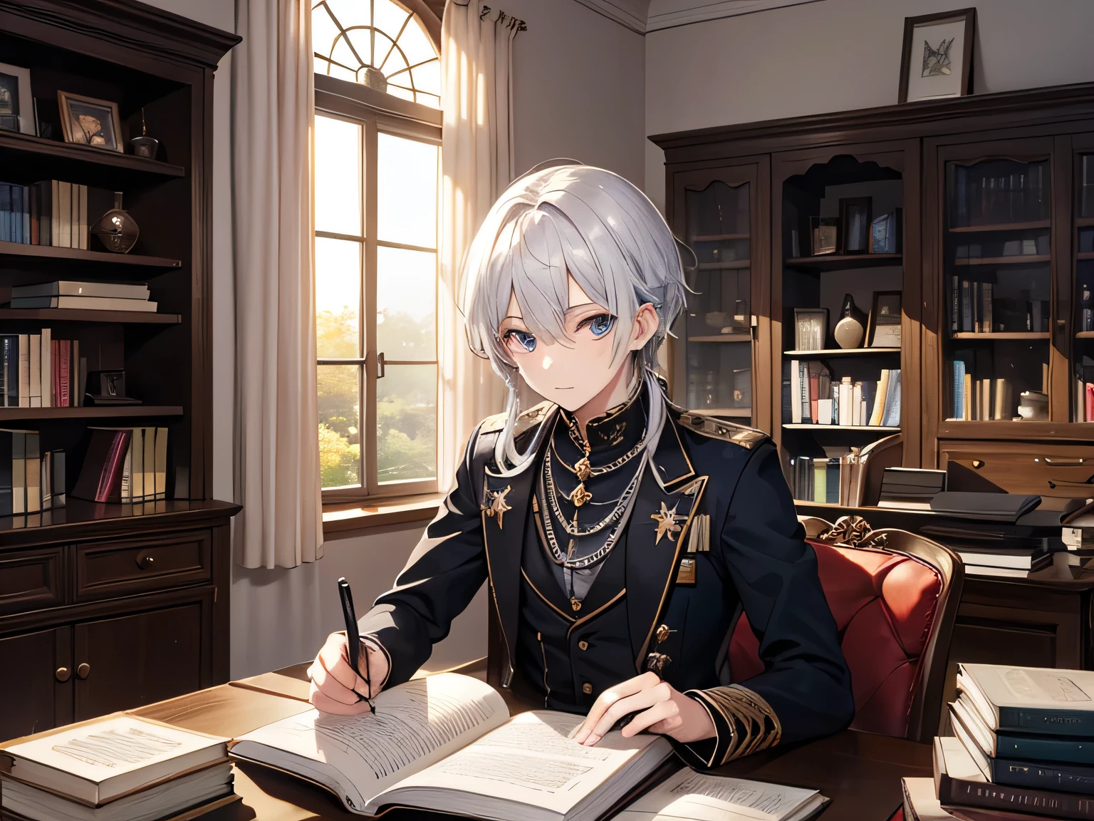 A beautiful male prince、 in an office in a Western-style building、 working at his desk、 Silver Hair、 in the background there is a bookshelf lined with books and a window、 the window is open and has curtains、 looking at camera