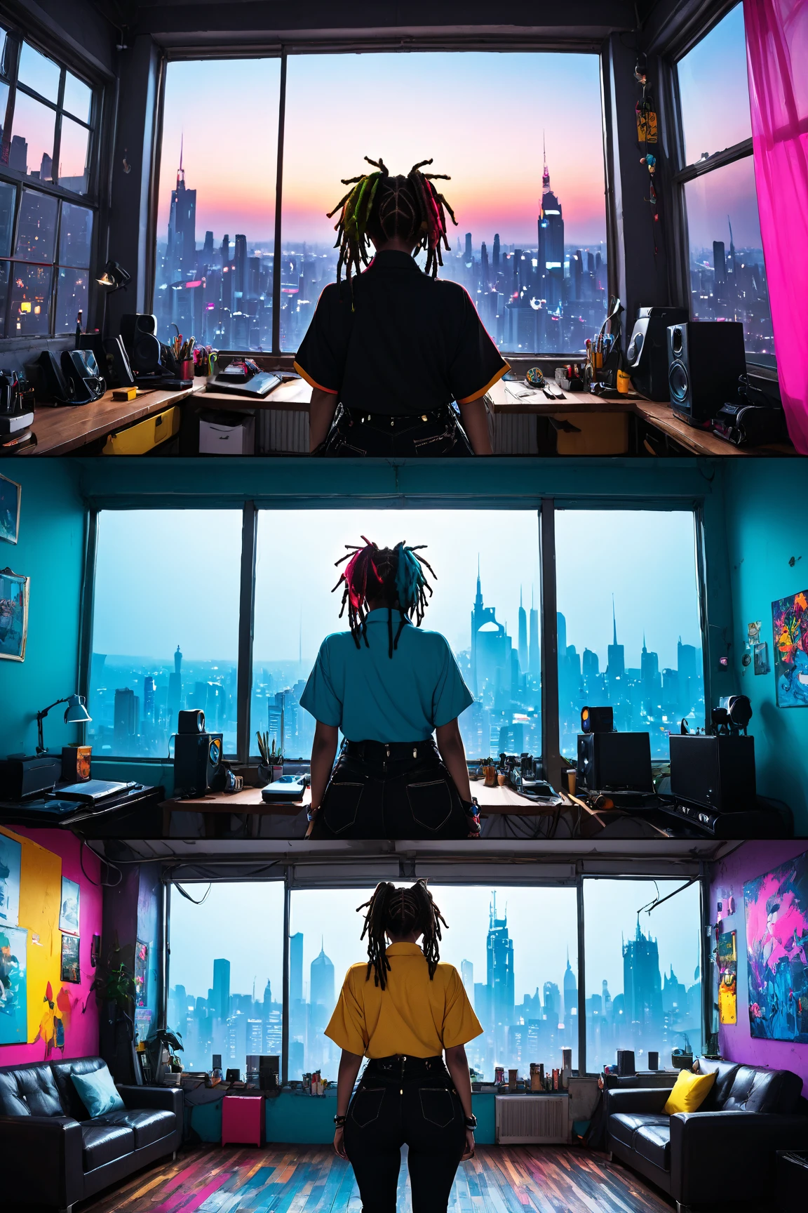 Panoramic window view from the back of Neon Punk Style 、 knight's colourful city room、Silhouette of a woman in dreadlocks 、（knight、 Darkness）、Emotional、 vibe、Vibrancy、 amazingly beautiful 、 Vivid 、 Details、Sophisticated、modern、 High Contrast 、cinematic、Super details、complicated、 Cute look like a professional  、 dark、 High Contrast 、Low Light、Vibrancy、Very Details、Big Breasts、 wide hips、