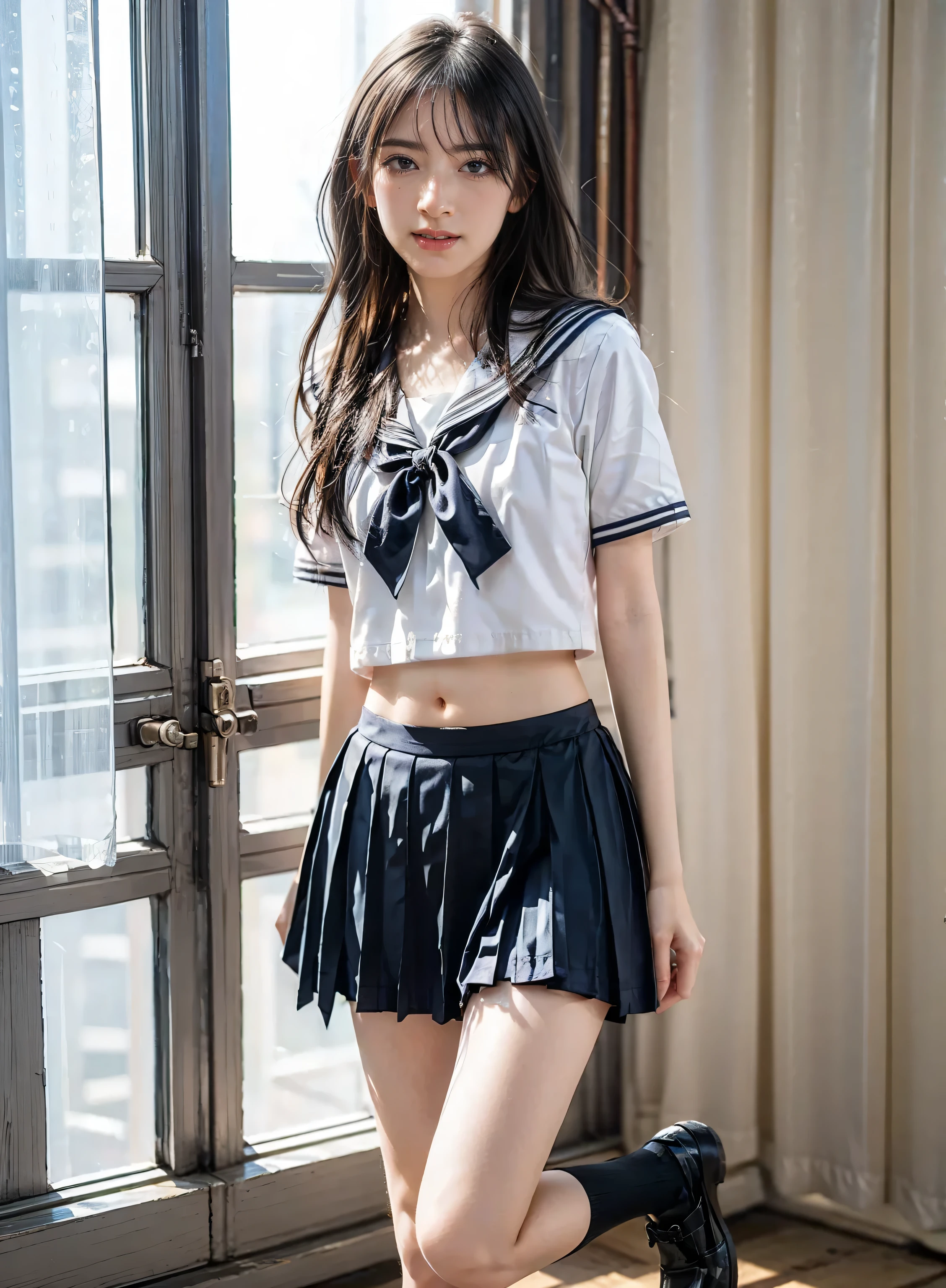 arafed asian woman in a skirt and a white shirt posing for a picture, japanese school uniform, japanese girl school uniform, wearing japanese school uniform, Young Gravure Idol, realistic Young Gravure Idol, young pretty gravure idol, Seifuku, cute schoolgirl, young skinny gravure idol, japanese model, jk uniform, beautiful anime high school girl, smile, wear black thigh high socks, Wear loafers, video , long foot, slender , whole body, long black hair straight, purple mouthpiece , purple eyeshadow ,Open belly button, Open belly, low waist mini skirt , Skirt open ,Skirt in half ,Open Skirt ,Not wearing underwear, No Panties , without underwear ,Split thighs, shows thighs ,See the inside of the thigh ,See the belly ,Full view of thighs, See Full Right Thigh ,See the full left thigh, edgOrgasm , face focus , eyes closed , mouth open , woman with edgOrgasm_face , Full body standing pose ,
