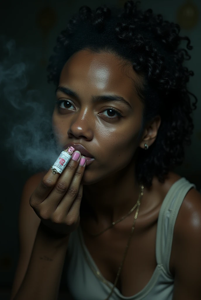 a black  girl smoking cigarettes very fast, sucking extremely hard on cigarette, the cigarette ash is growing very long, piercings, very skinny, huge breasts, pain, lying in a bathtub, teenager, in high school, smoke in mouth, deep inhale, lots of cigarette ash, ash everywhere, agony and fear, intense drag, cheek hollowing drag, deeply inhaling smoke, nose exhale, smoke coming out of nose