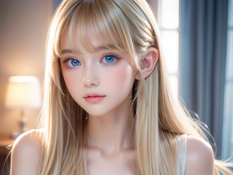 Crystal clear and shiny skin、Cute old with beautiful face、Very large, beautiful, bright, pale sky blue eyes、Very big eyes、Super long straight hair that shines in the light、Long, silky bangs that cover her cute eyes、Hair that hides sexy features、too long bangs、Sexy and cute young beauty、Super long natural young blonde hair with sparkling highlights Blonde over one eye Blonde over one eye、Blonde hair between the eyes
