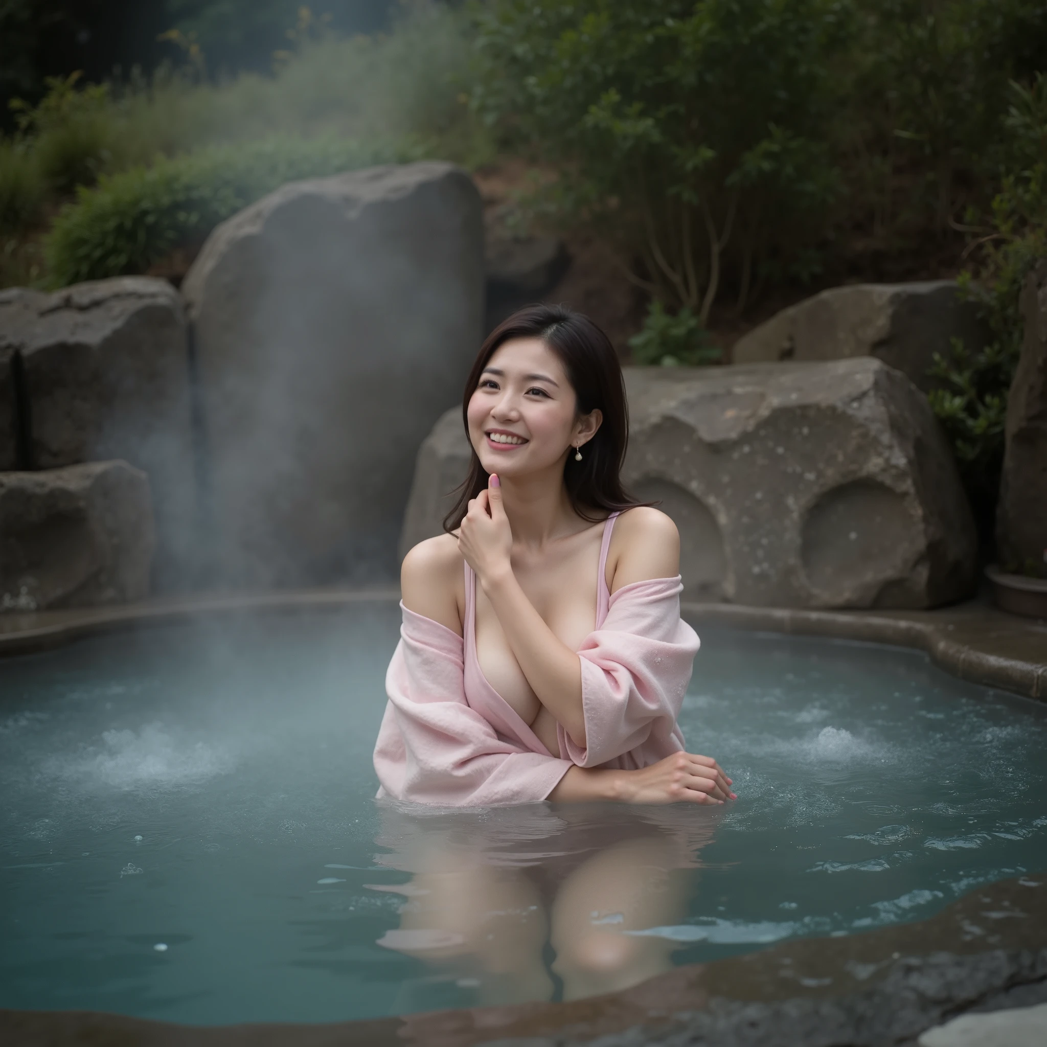 の夜,自然の温泉の熱が空気を満たしています,一人はふっくら、温泉に浸かる美しい女性,温泉がもたらす快適さを楽しむ。彼女の体は温水に包まれている,浴衣は体にゆるやかにかかっています,肩半分露出。彼女の肌は温泉の蒸気に反射されています,より魅力的に見える。
『顔と髪型の雰囲気が違う2人の日本人の:1.9』『リアルフォト:1.3』最高品質:1.2、((大きな胸))、胸の谷間が少し見える、((若い女性))、((頬が赤い))((歯を見せて笑っている:1.3))、(((解剖学的に正しい、完璧な解剖学、解剖学的に正しい指)))、現実的, 最高品質, 超高解像度, RAW フォト, (くびれのある体)、女性の胸は水の中でよりふっくらと見えます,白い肌と温泉の水が互いを引き立てています,より魅力的に見える。彼女の顔は赤らんでいる,目を少し細める,まるで素晴らしい時間を楽しんでいるかのようです。長いまつげが優しく揺れる,これは人々に落ち着きと活力を与えます。
夜の灯りに照らされた温泉の横の岩と植生,神秘的でロマンチックな雰囲気を演出。水の中の女性たちは景色に溶け込んでいるようです,美しい情景を作り上げています。湯気の立つ温泉水がゆっくりと流れていく,女性の笑い声,無限の温かさと美しさをこの夜に運んでいます。
この穏やかな夜に,女性の姿は温泉の風景を補完,この詩的で絵のように美しい世界に人々を酔わせましょう。温泉水の穏やかな波紋と共に,この瞬間は永遠に凍り付いているようだ,忘れられない光景となる。
