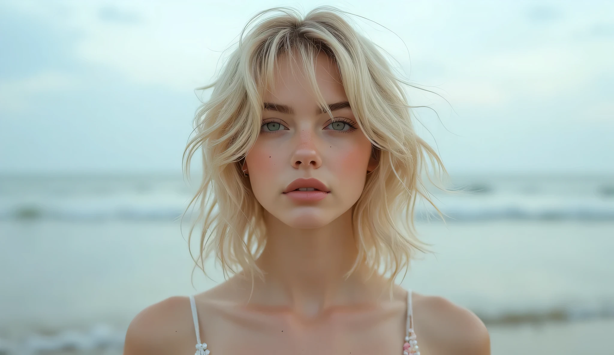 (masterpiece, best image quality , 8k), real photo , perfection of fashion, full body, frontal, faint smile,Outdoor, Exquisitely Painted , Realistic, ultra high definition , ultra high definition , smooth skin , highly detailed , High quality, high quality, high resolution, out of focus background,female, beachfront,Wandering through the clouds,18-year-old Ukrainian beauty , Blonde Hair ,It's foggy