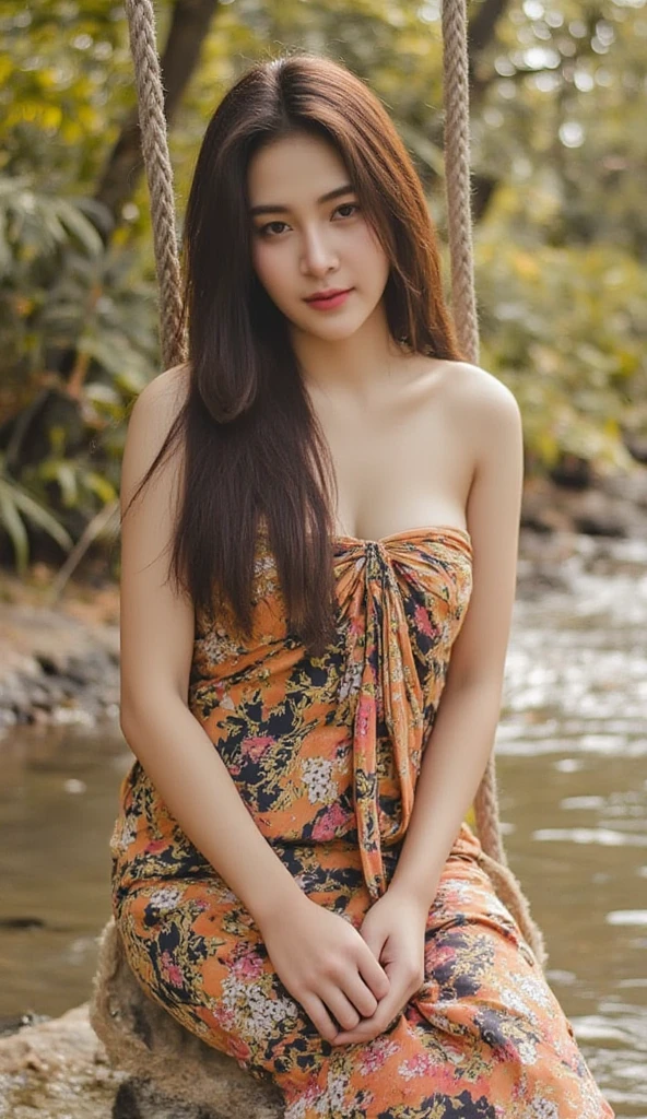 A tranquil riverside scene with a young woman beautiful tear drop breasts, sitting on a rope swing tied to a sturdy tree by the riverbank, gazing at the gentle flow of the clear water. She wears a Thai sarong, her hair softly swaying in the breeze. The warm light of the late afternoon filters through the lush greenery, casting dappled patterns on the ground and water. The atmosphere is peaceful and intimate, evoking a deep sense of harmony with nature, looking at viewer to camera, elegance pose, medium closeup shot