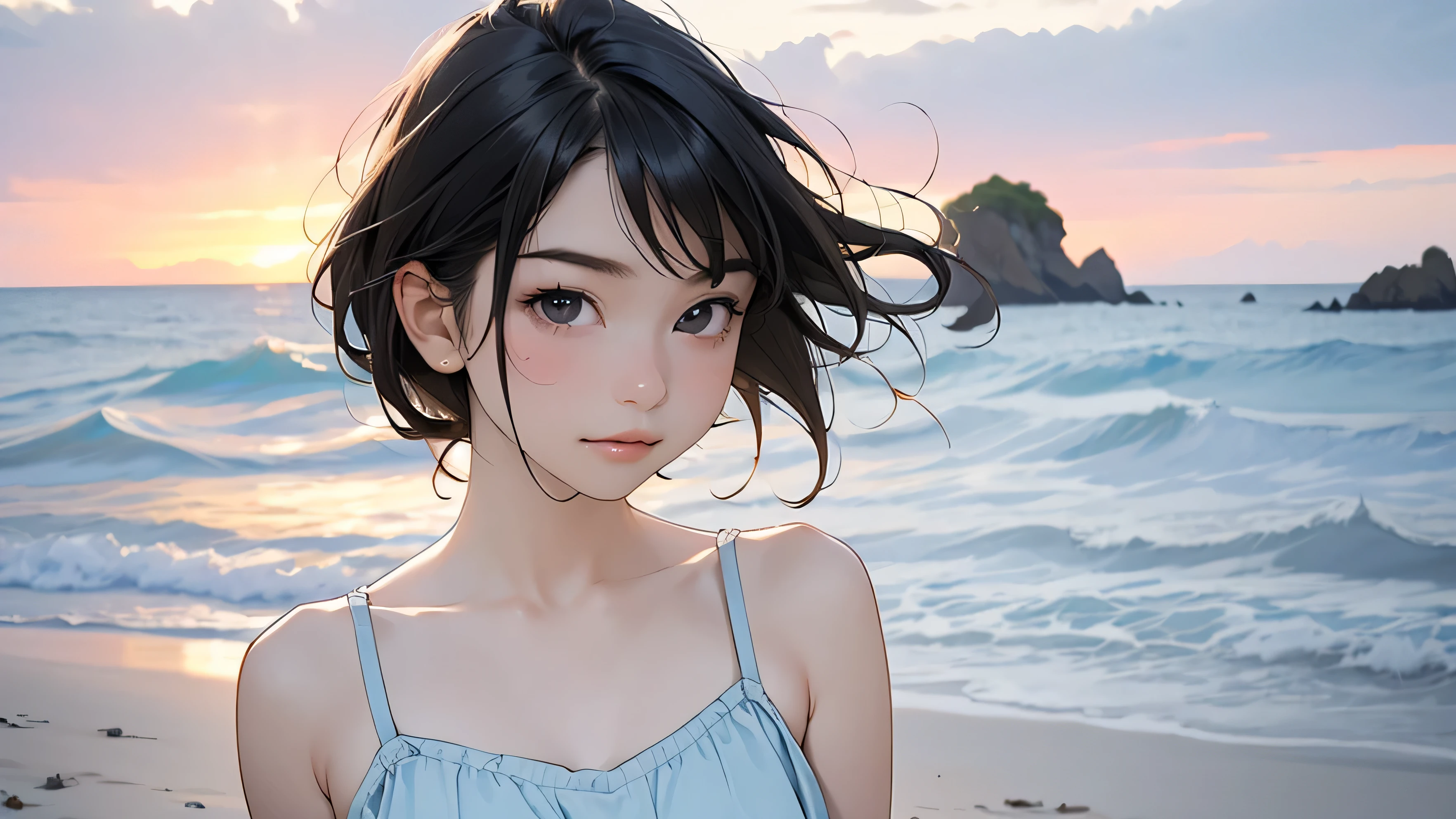 one girl, (12years old:1.4),(Very Young Face),(Japanese famous idol), cute face, ash gray hair:1.5, bob hair, short hair, camera's line of sight, small breasts, An ennui look, (((camisole, dress))) , particles of light, sea of ​​sunset, calm sea, white sand beach, very beautiful sunset, RAW photo, highest quality, High resolution, High resolution, masterpiece:1.3, 8k, 12k, professional photographer,((Extremely precise and accurate anatomy:1.0)),Kind eyes,Graceful pose,(Beauty of form:1.4) Golden ratio, big eye,(nature's providence:1.4),