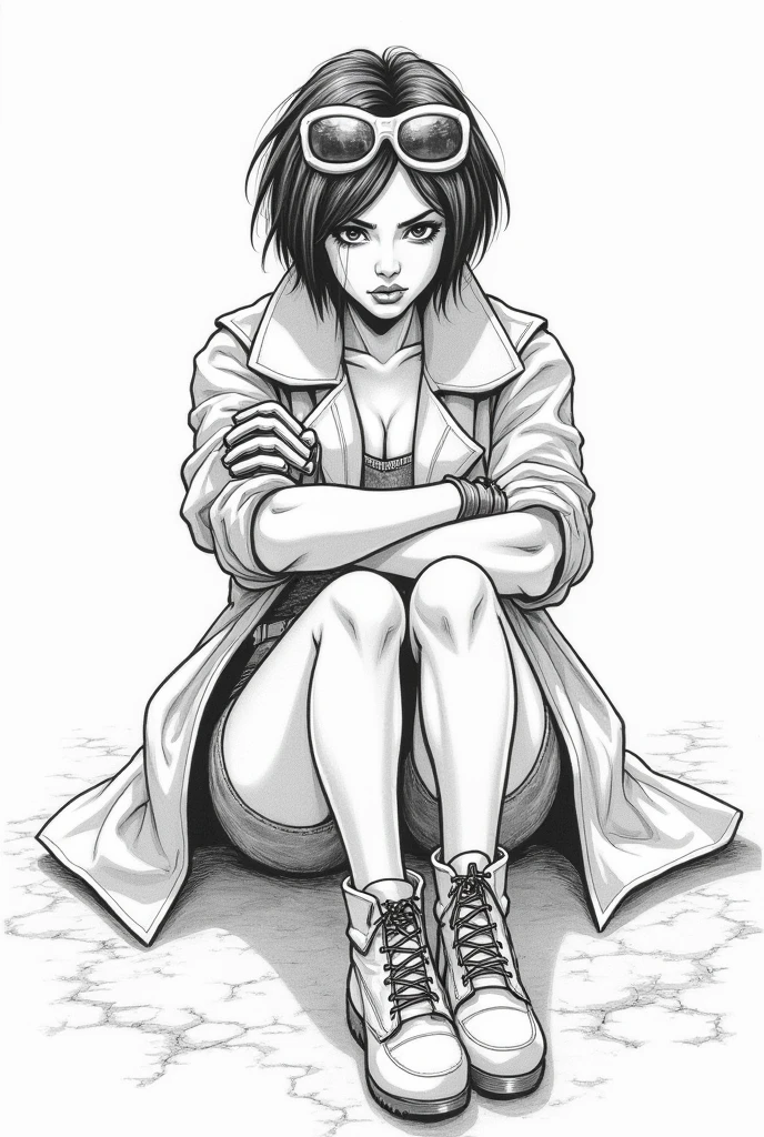 Visualize the X-Men character JUBILEE as a rough sketch in the style of comic artist Jim Lee.
She should sit on the ground pouting. JUBILEE is an Asian teenage with really short hair, a coat with rolled up sleeve, long gloves, boots and denim shorts and a 80's syle sunglasses which that sits on the top of her head that has the shape of Bret Harts icons sunglasses. She has to blew a bubblegum bubble