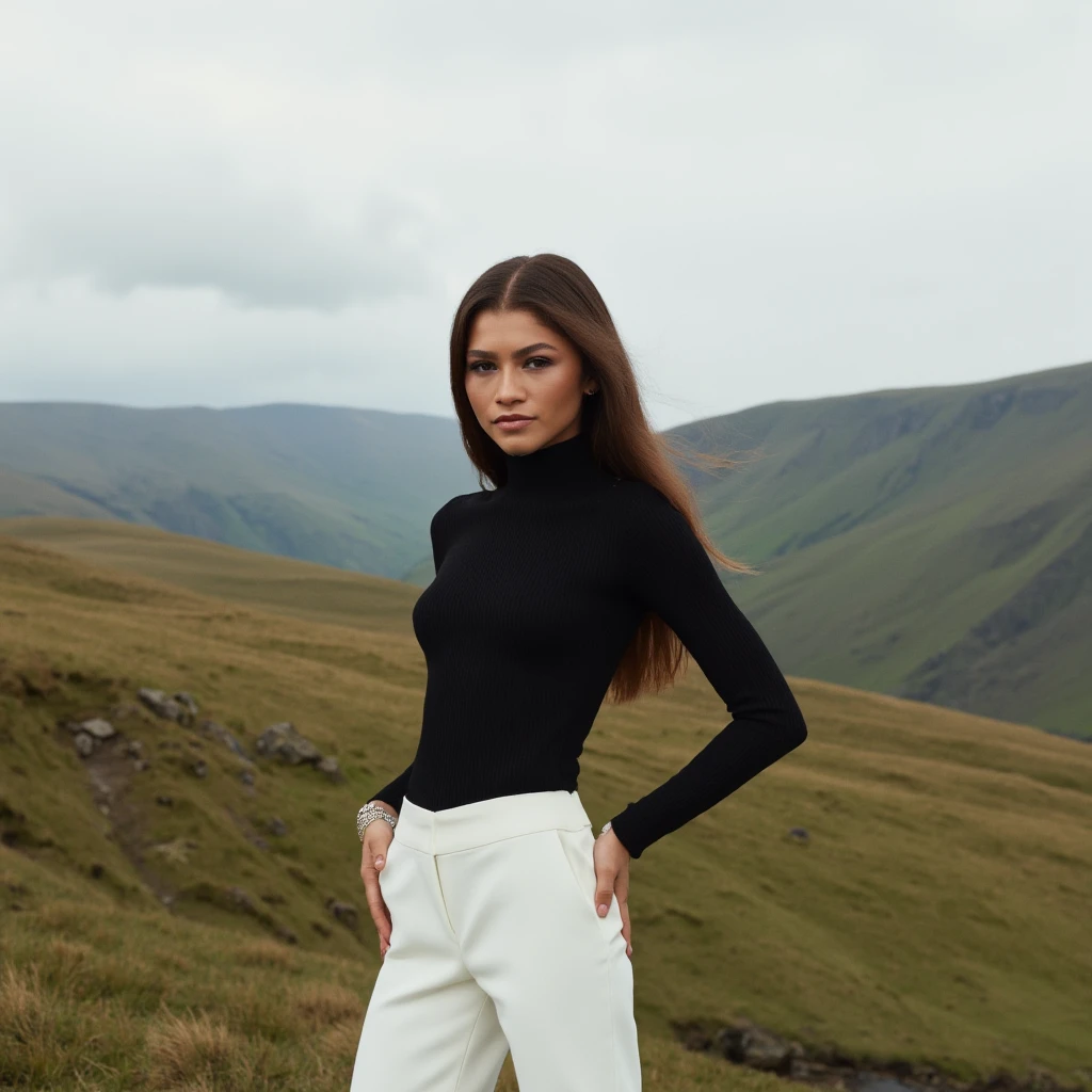 photo of Ol1v14Culp0_HM-135, a woman, perfect hair, (modern photo), wearing turtleneck and long pants, 85mm short telephoto (analog, cinematic, film grain:1.3), Floating Sky Islands, Landscape with floating islands, interconnecting bridges, and cascading waterfalls., detailed eyes, professional pose, (epiCPhoto), (looking at viewer:1.1), (cinematic shot:1.3), (natural style lighting), <lora:add_detail:0.5>